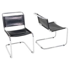 1970s Pair of Marcel Breuer for Thonet Dining Side Chairs in Black Leather