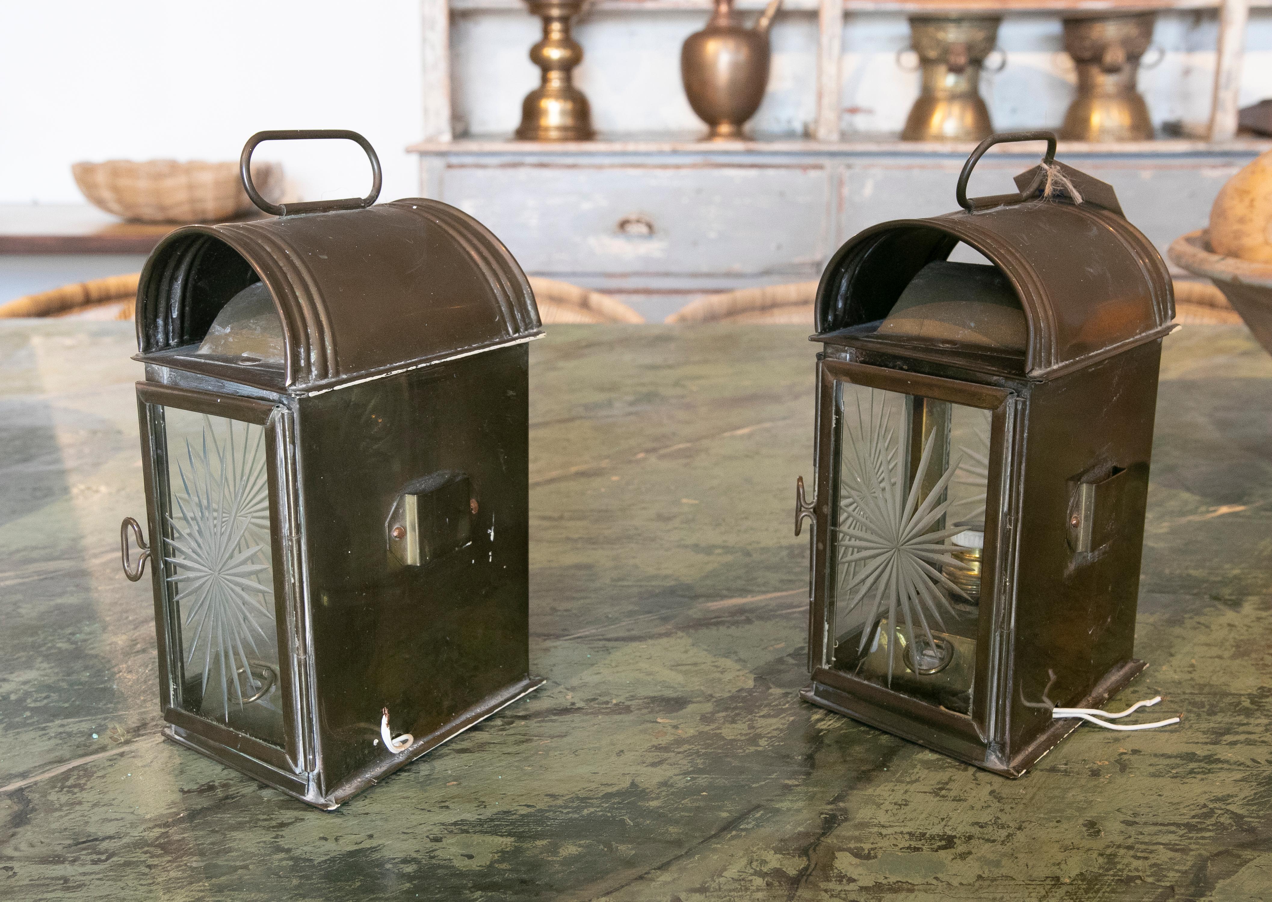 Spanish 1970s Pair of Metal Lanterns with Carved Crystals  For Sale
