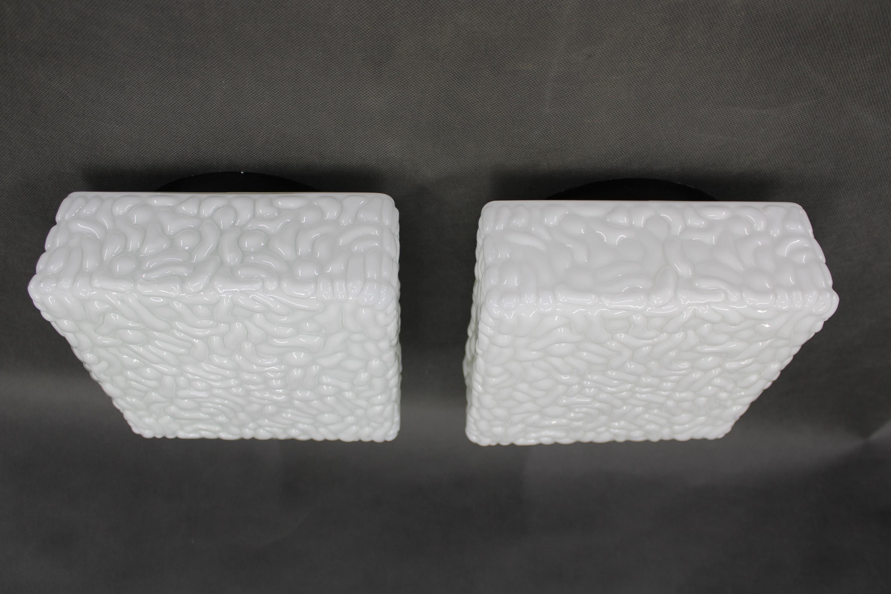 Mid-Century Modern 1970s Pair of Milky Glass Square Ceiling Lights, Czechoslovakia For Sale