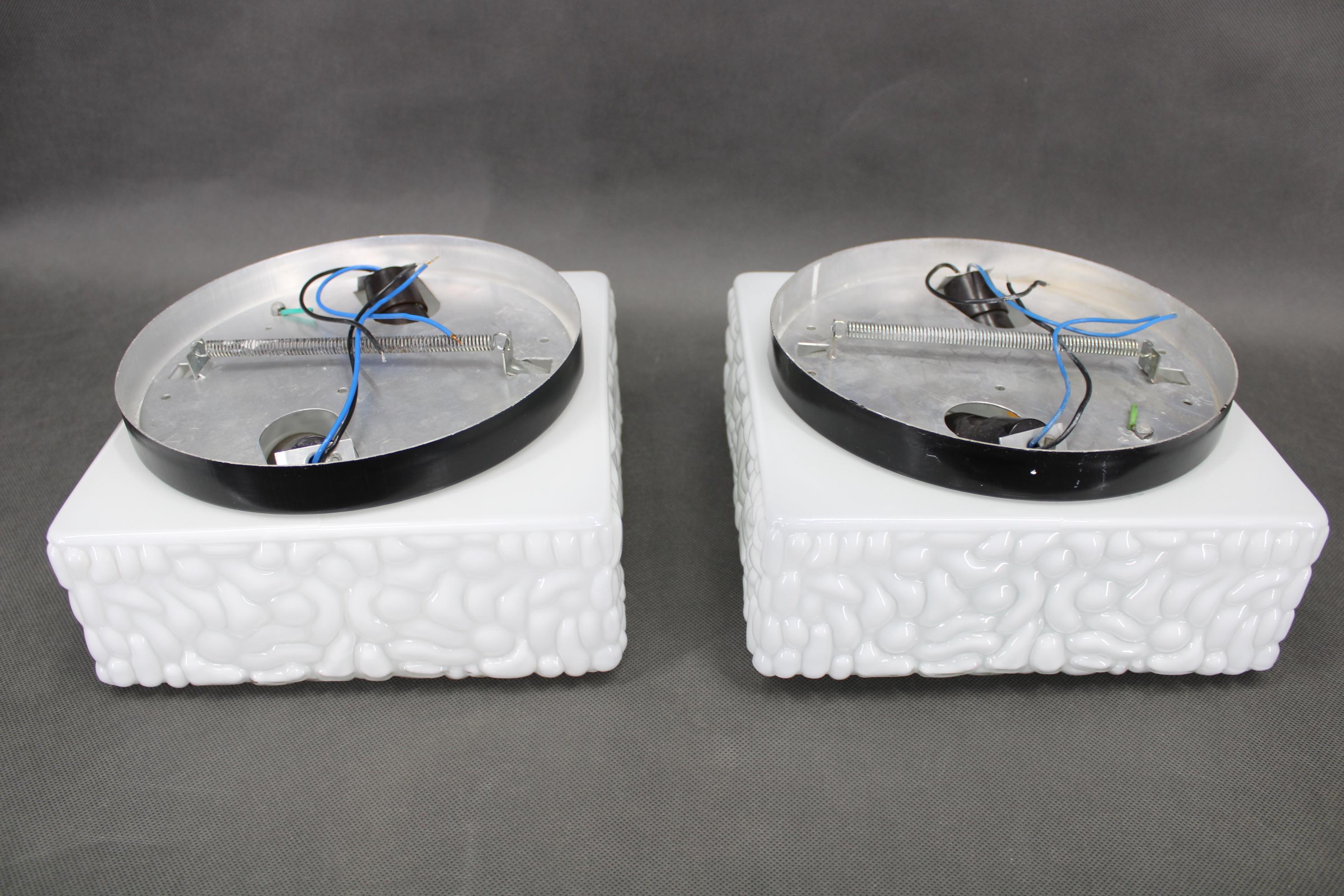 1970s Pair of Milky Glass Square Ceiling Lights, Czechoslovakia For Sale 3