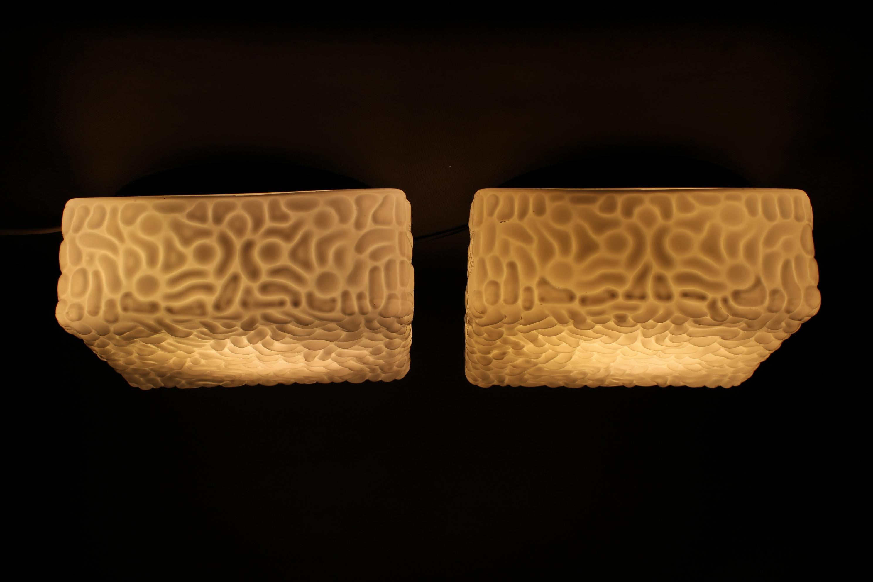 1970s Pair of Milky Glass Square Ceiling Lights, Czechoslovakia For Sale 4
