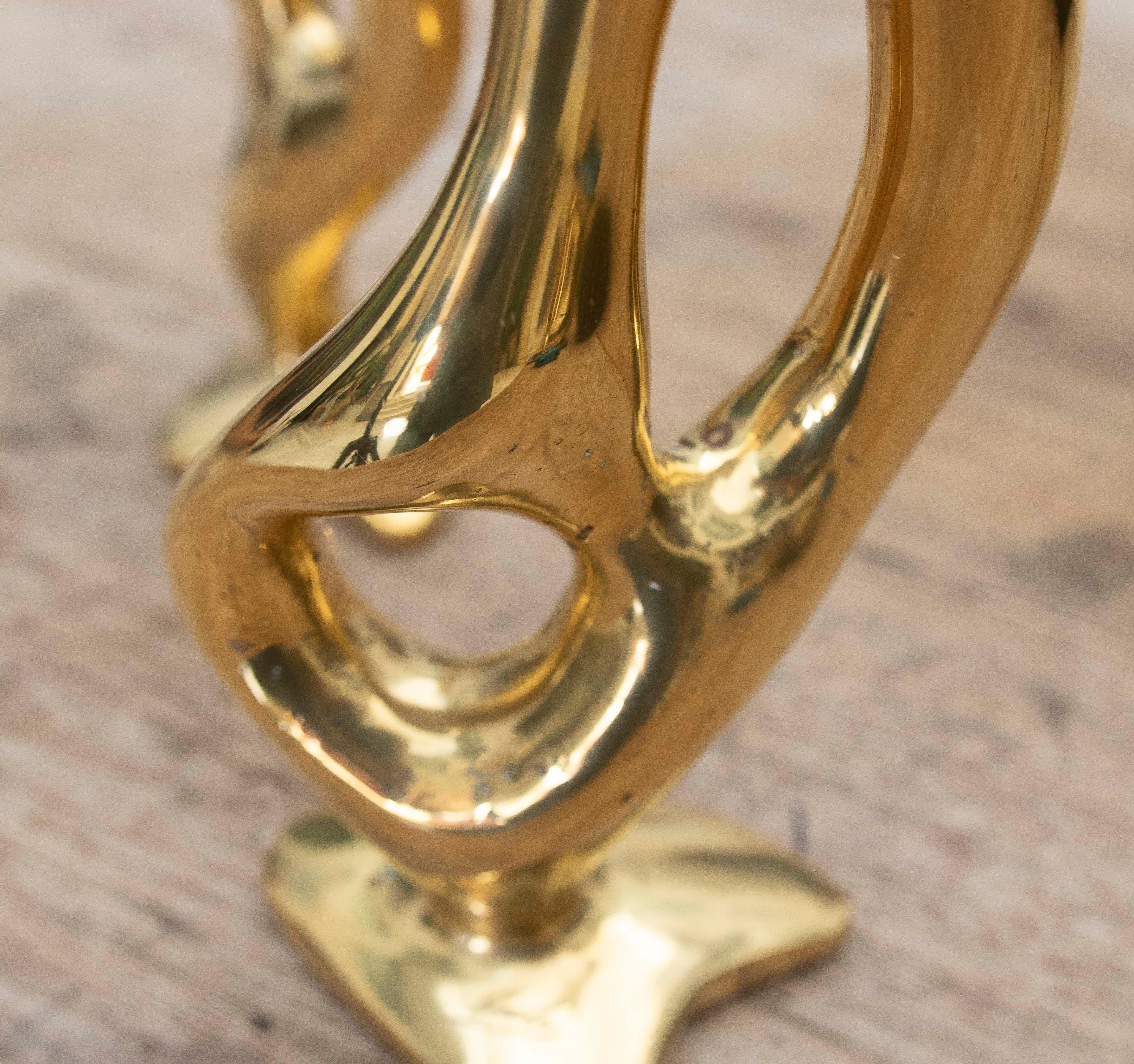 1970s Pair of Modernist Gilded Bronze Candlesticks. Signed. For Sale 7