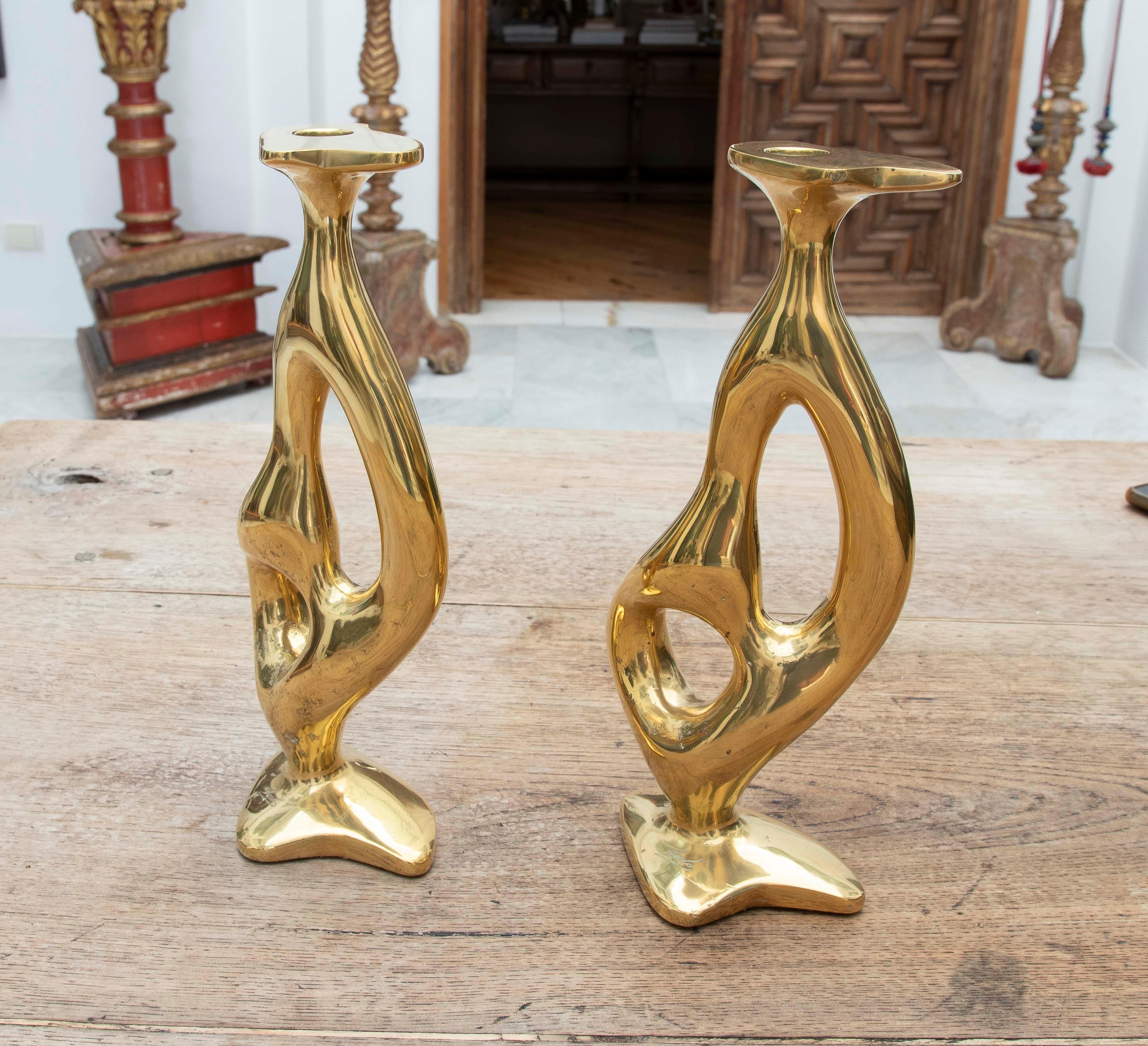 Spanish 1970s Pair of Modernist Gilded Bronze Candlesticks. Signed. For Sale