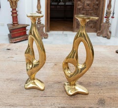 1970s Pair of Modernist Gilded Bronze Candlesticks. Signed.