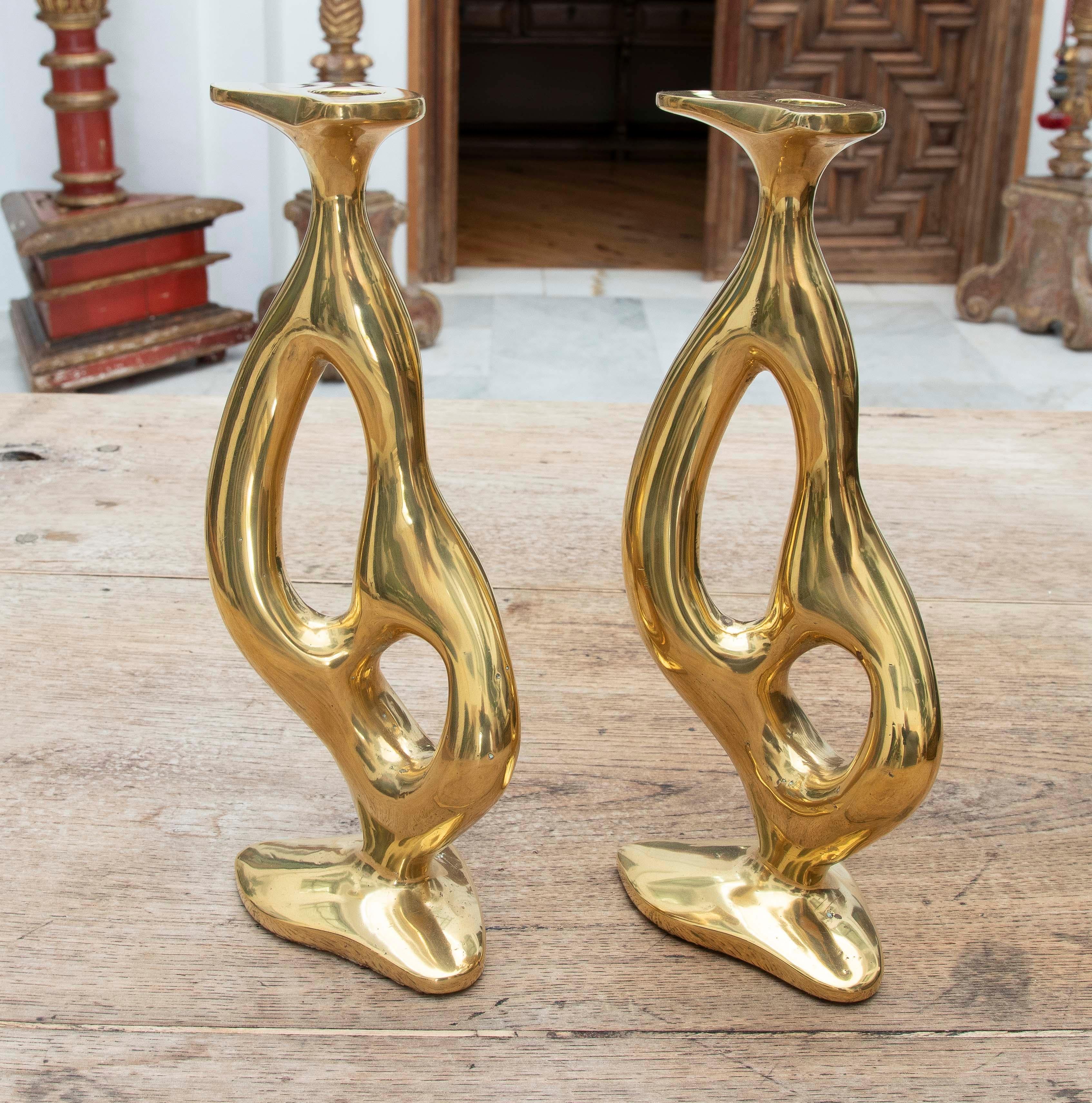 20th Century 1970s Pair of Modernist Gilded Bronze Candlesticks. Signed. For Sale
