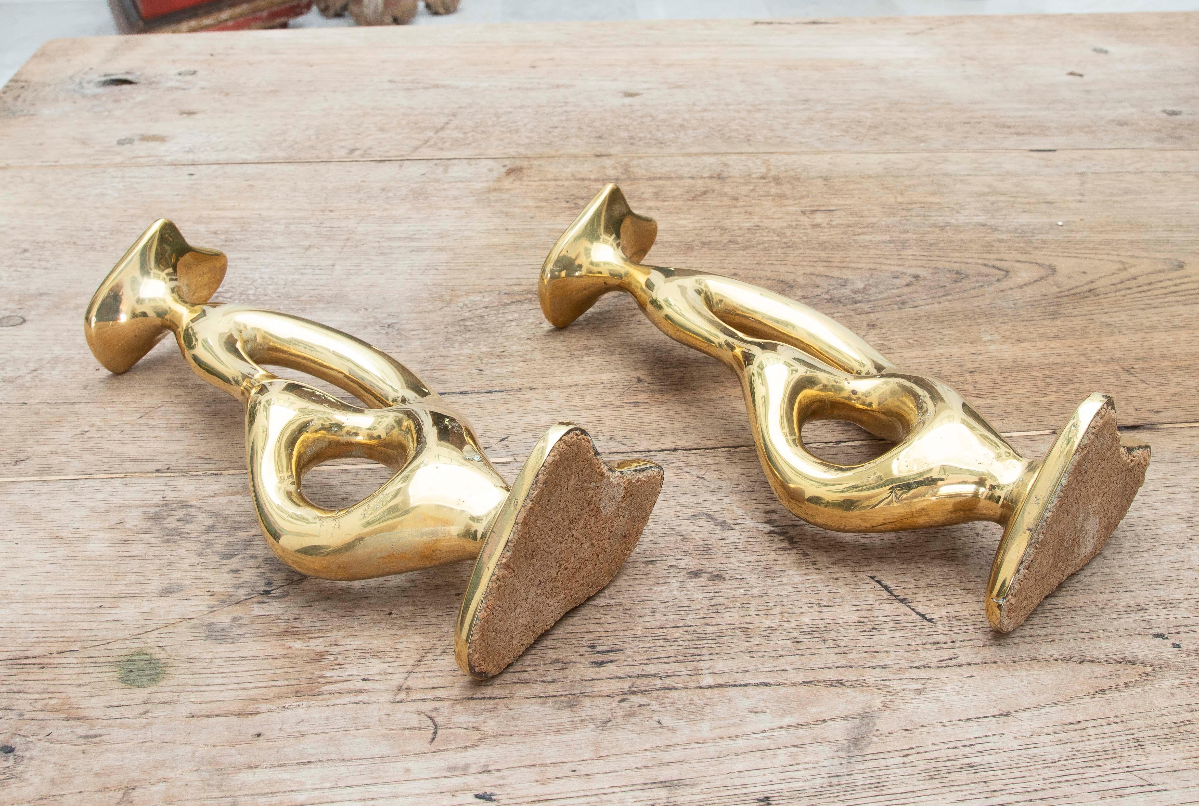 1970s Pair of Modernist Gilded Bronze Candlesticks. Signed. For Sale 2