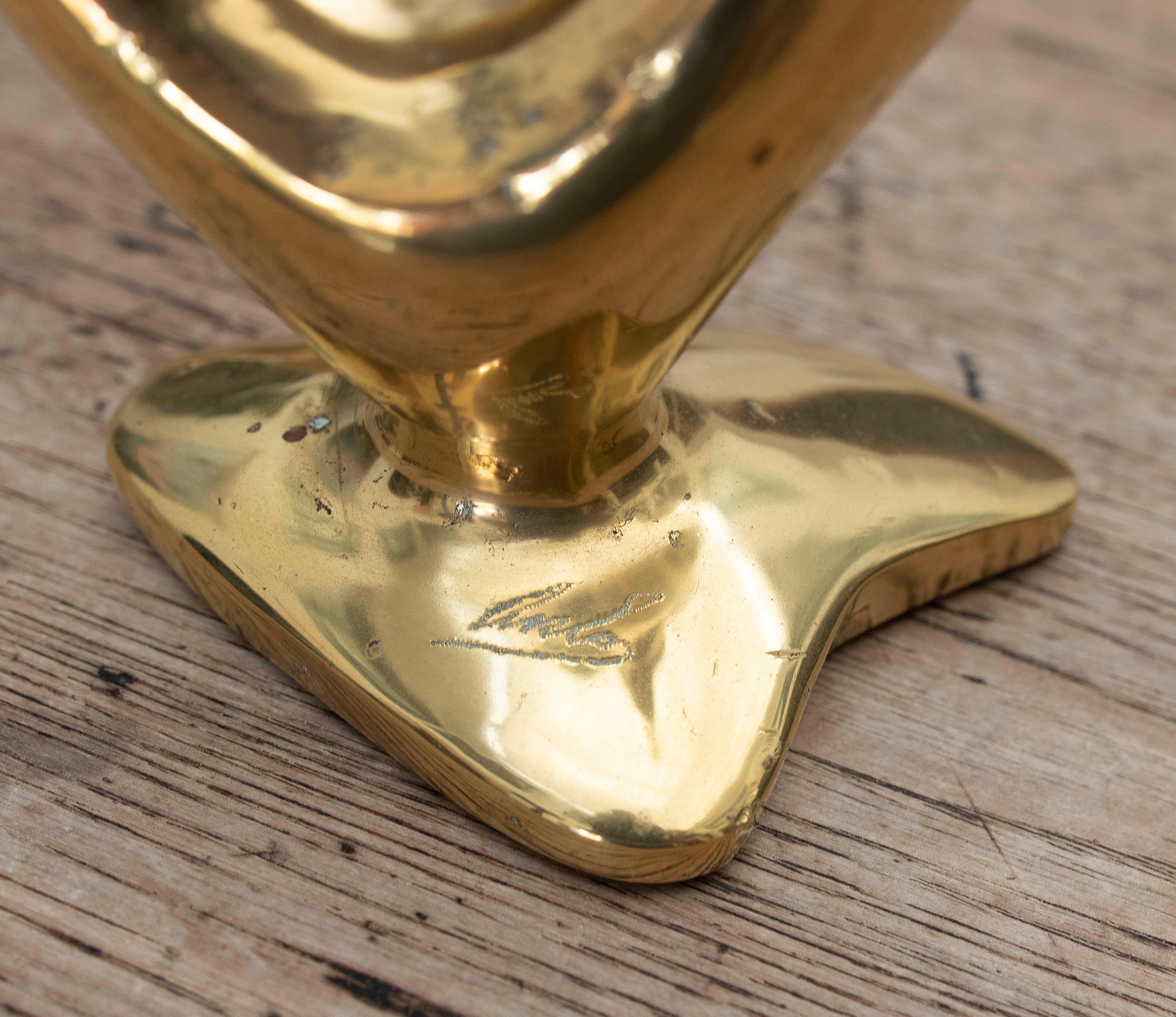 1970s Pair of Modernist Gilded Bronze Candlesticks. Signed. For Sale 3