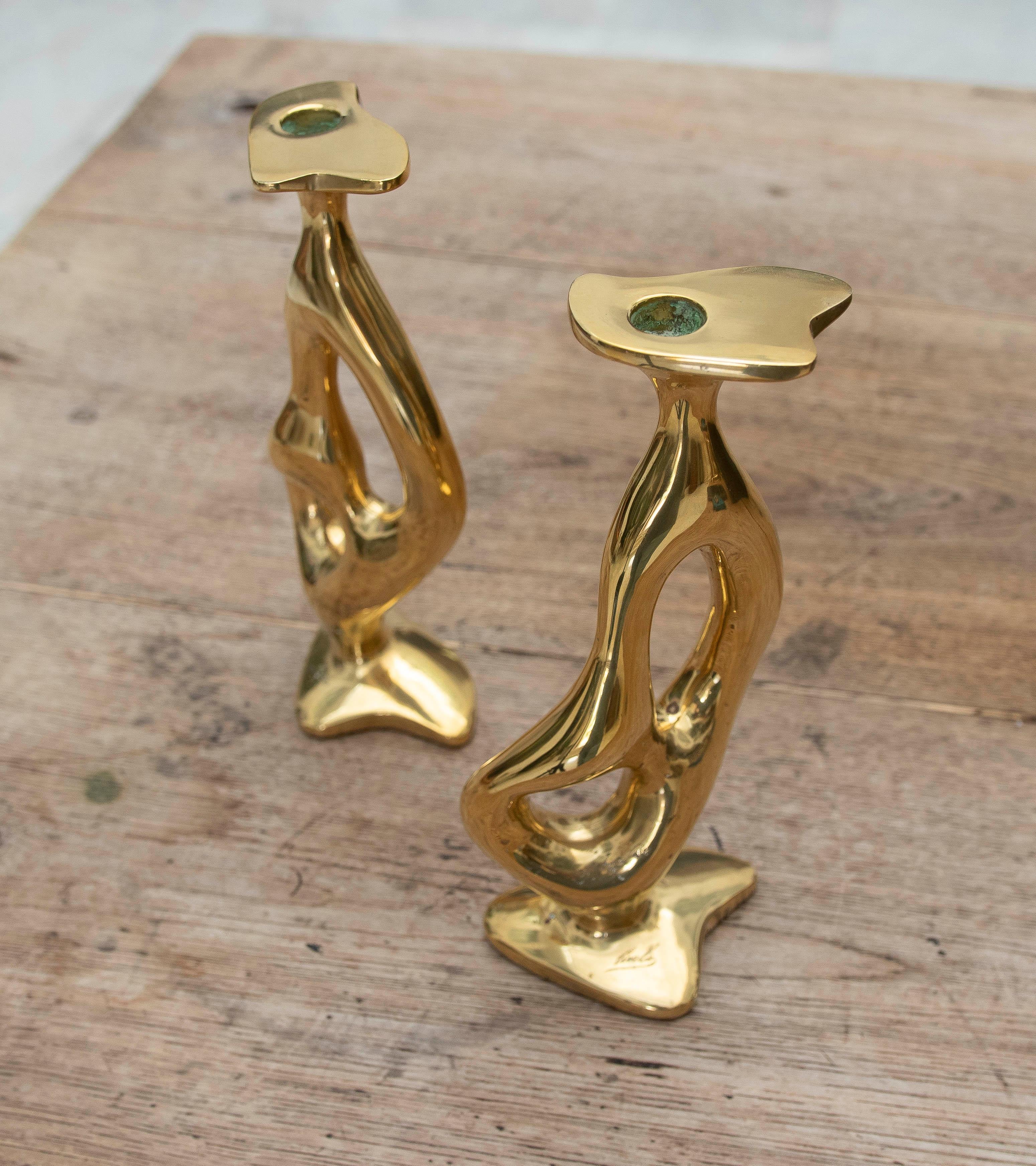 1970s Pair of Modernist Gilded Bronze Candlesticks. Signed. For Sale 4