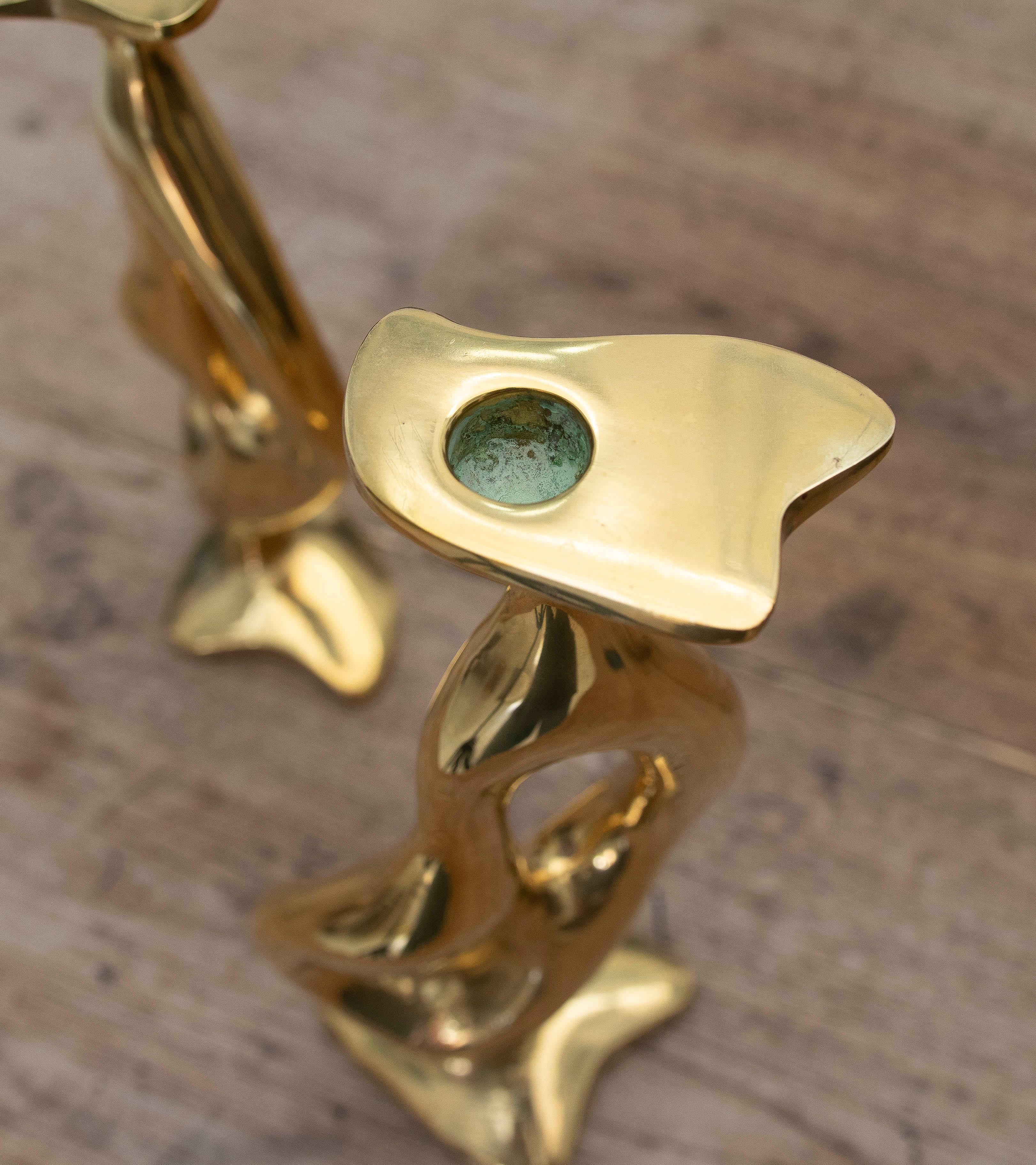 1970s Pair of Modernist Gilded Bronze Candlesticks. Signed. For Sale 5