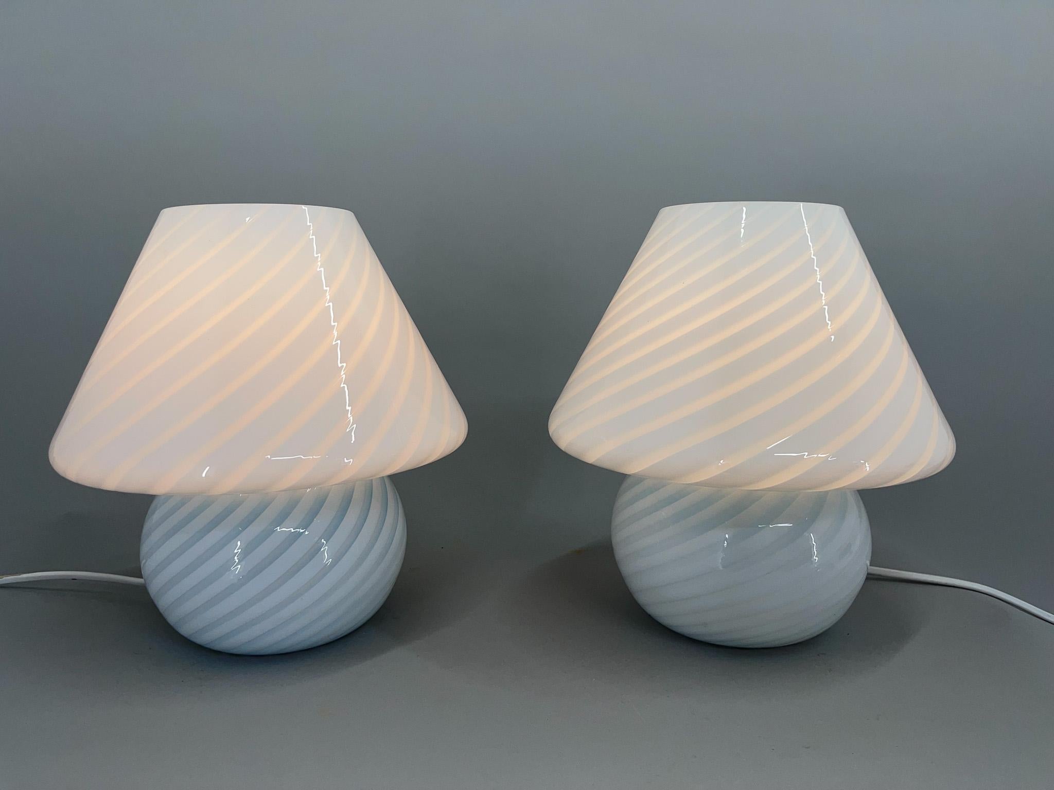 Mid-Century Modern 1970's Pair of Murano Glass Swirl Table Lamps by Paolo Venini For Sale