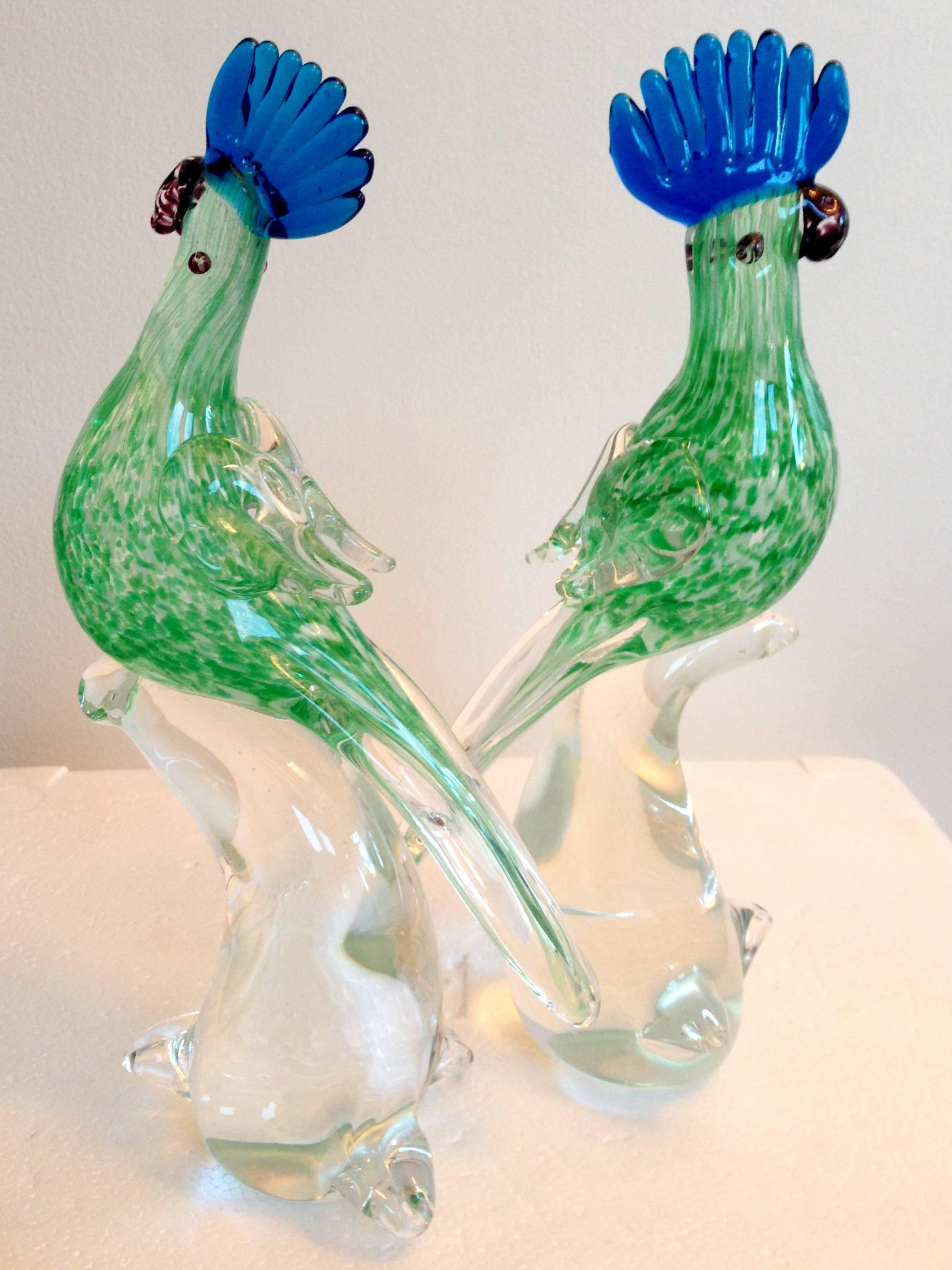 Pair of Murano-style art glass male and female love birds with vibrant blue and green accents. Female bird, 10.5