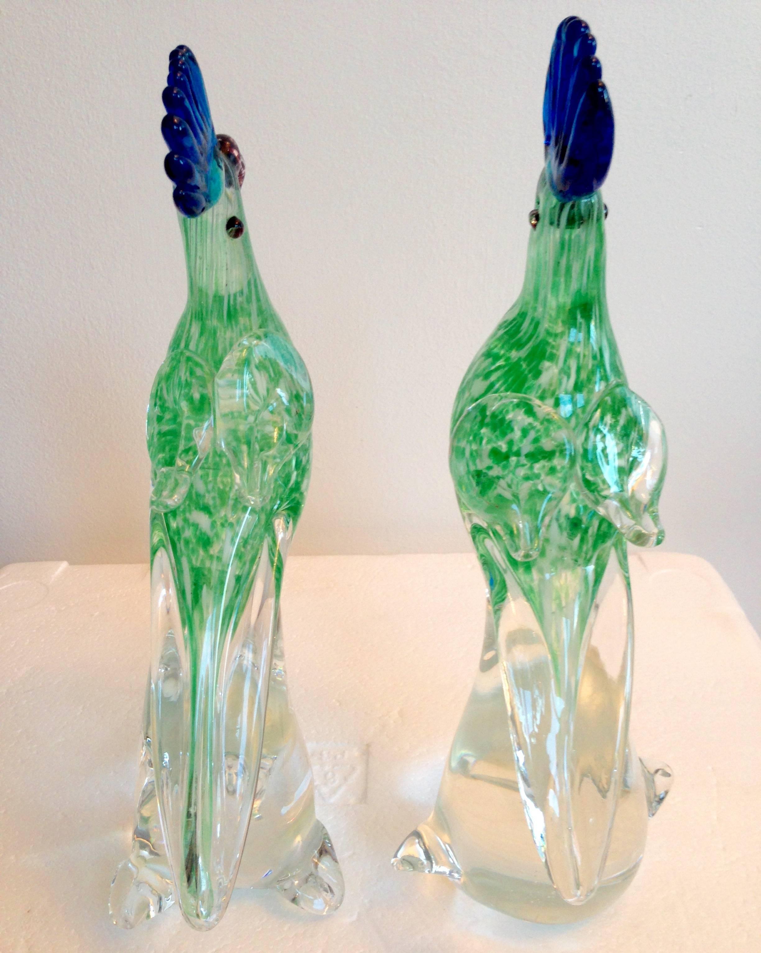 1970'S Pair of Murano Style Art Glass Love Bird Sculptures In Excellent Condition In West Palm Beach, FL