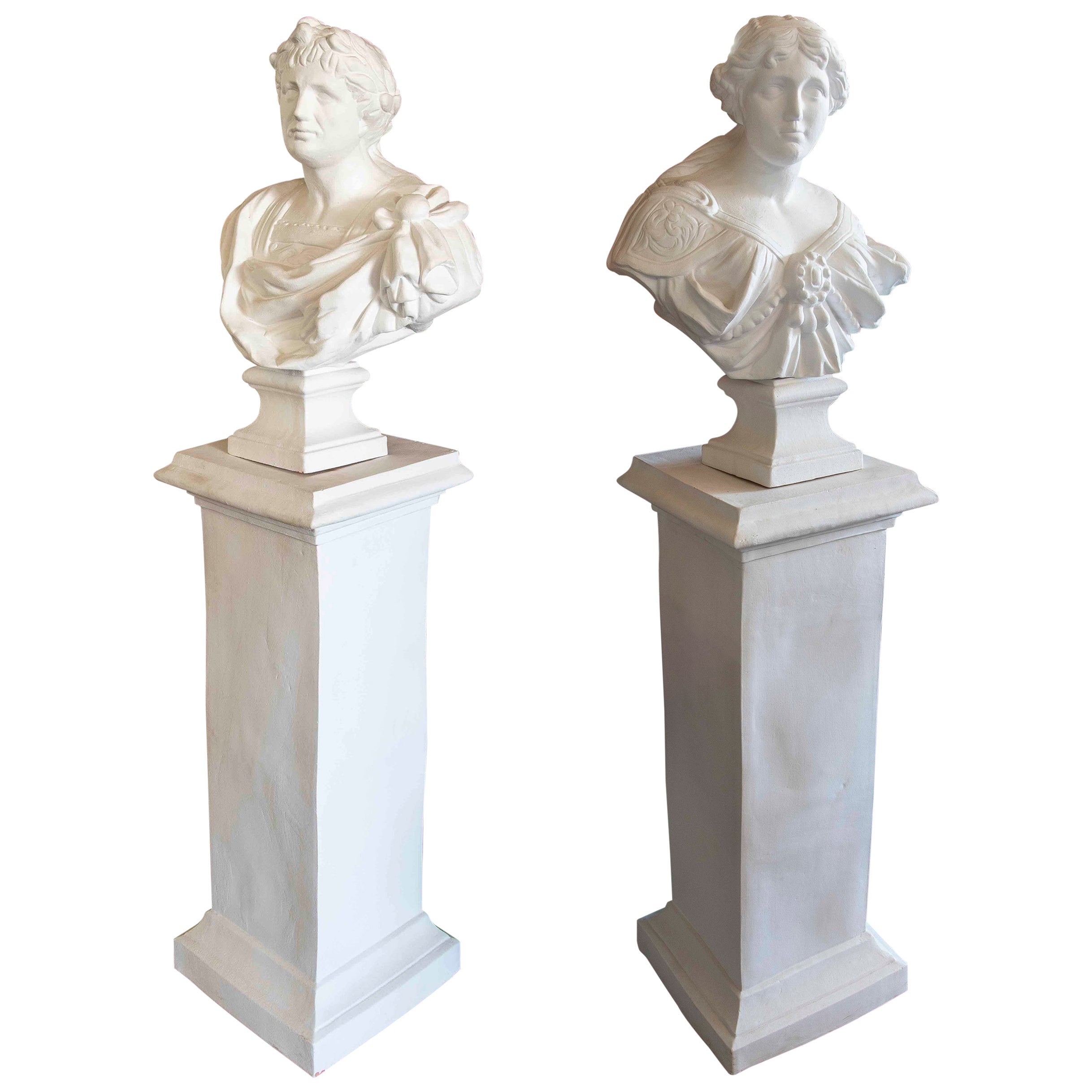 1970s Pair of Neoclassical Ceramic Busts on a Pedestal