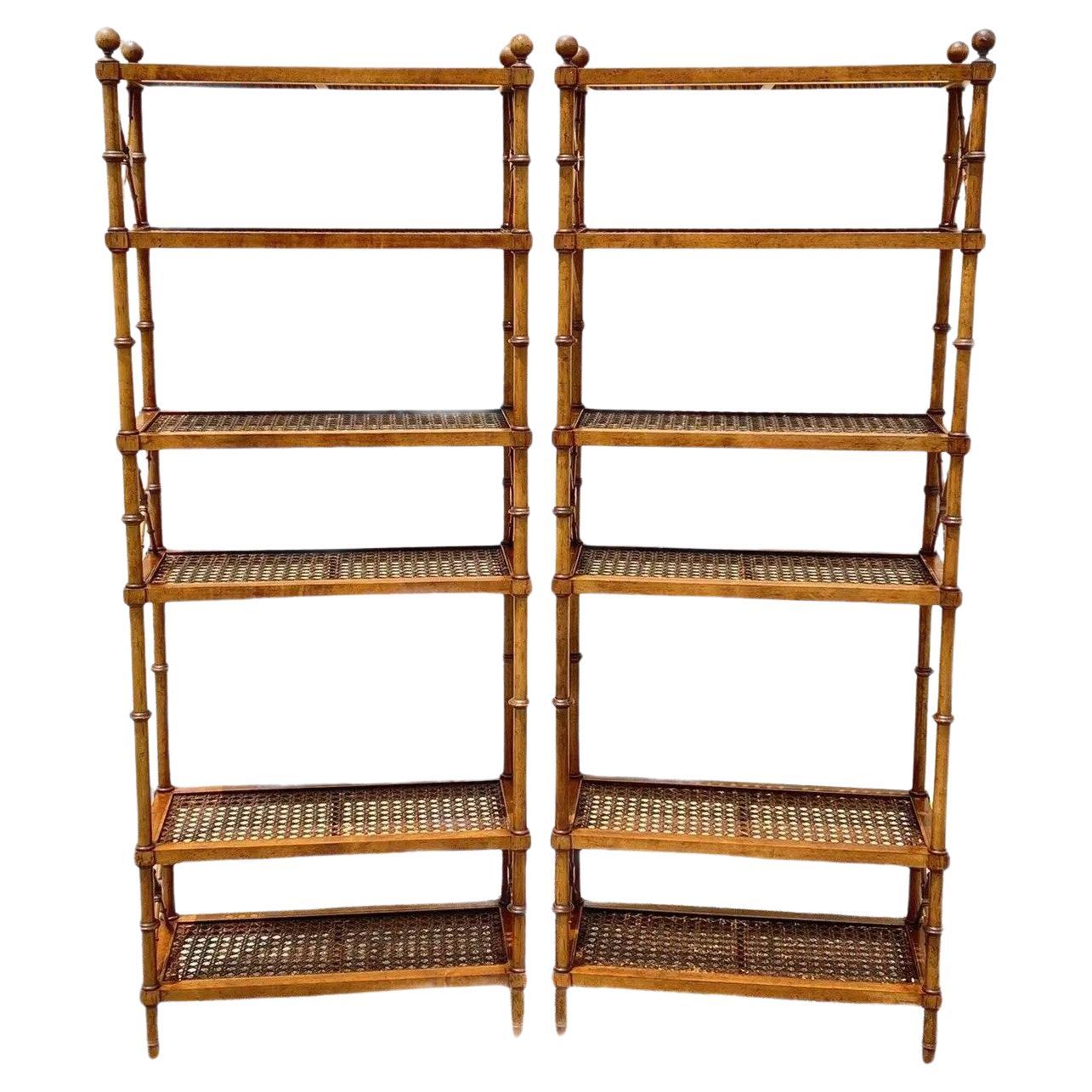1970s Pair of Neoclassical Style Wood Etageres With Faux Bamboo Decoration 