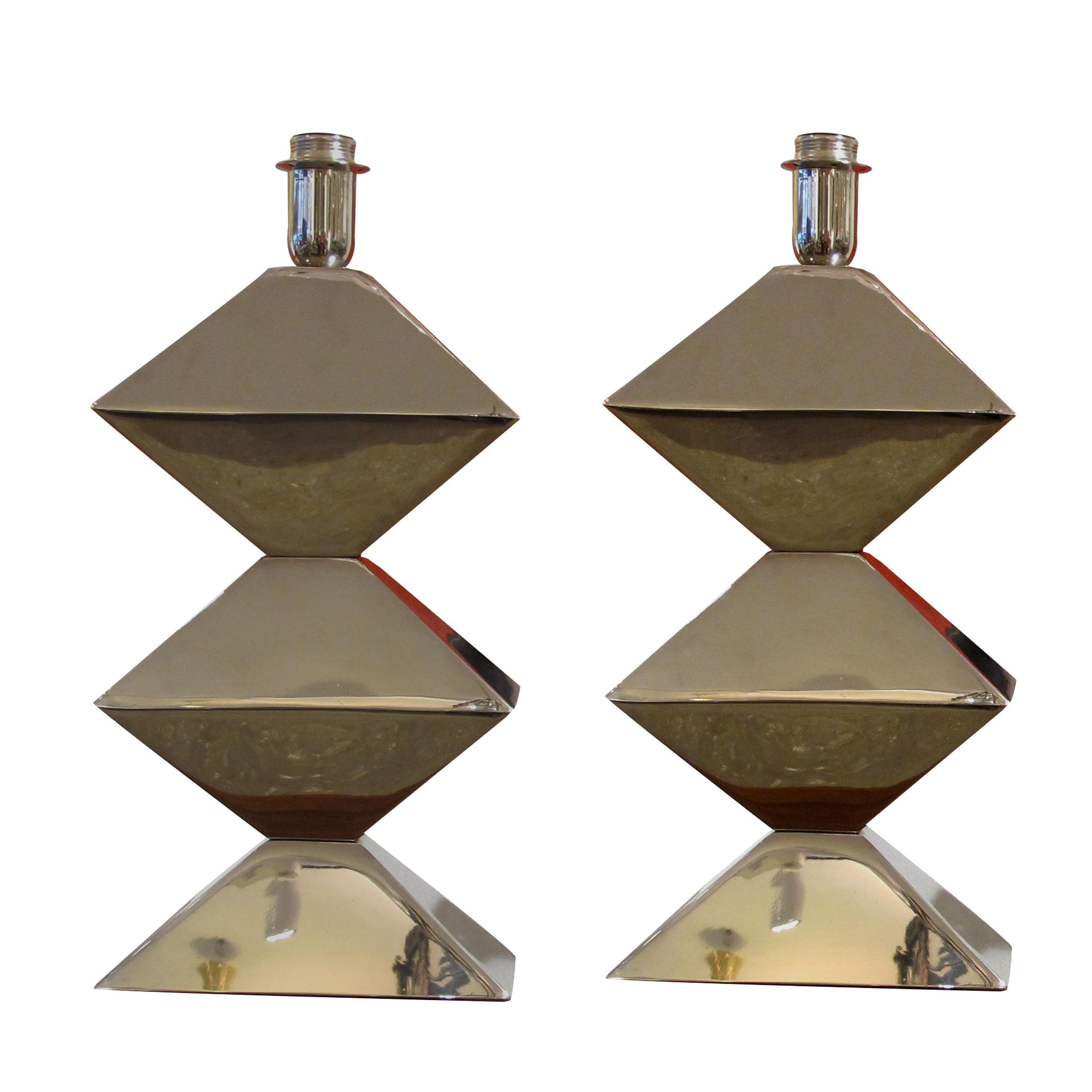 Mid-Century Modern 1970s Pair of Nickel Chrome-Plated Table Lamps, French