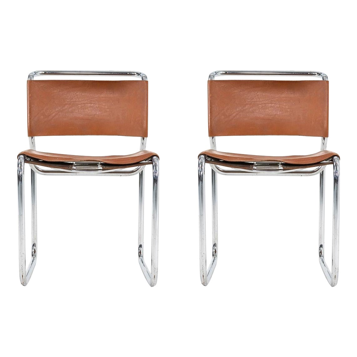 1970s Pair of Nicos Zographos CH66 Brown Leather Cantilever Side Chairs