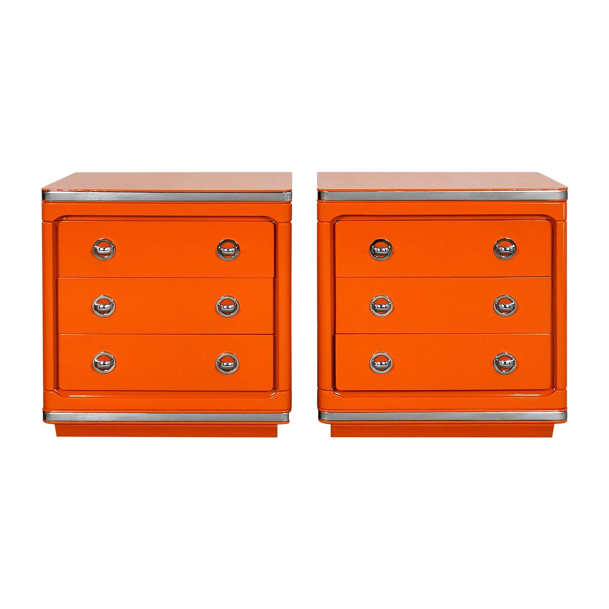 1970's Pair of Night Stands, Orange Lacquered Wood, Three Drawers, Barcelona