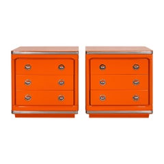 1970
s Pair of Night Stands, Orange Lacquered Wood, Three Drawers, Barcelona