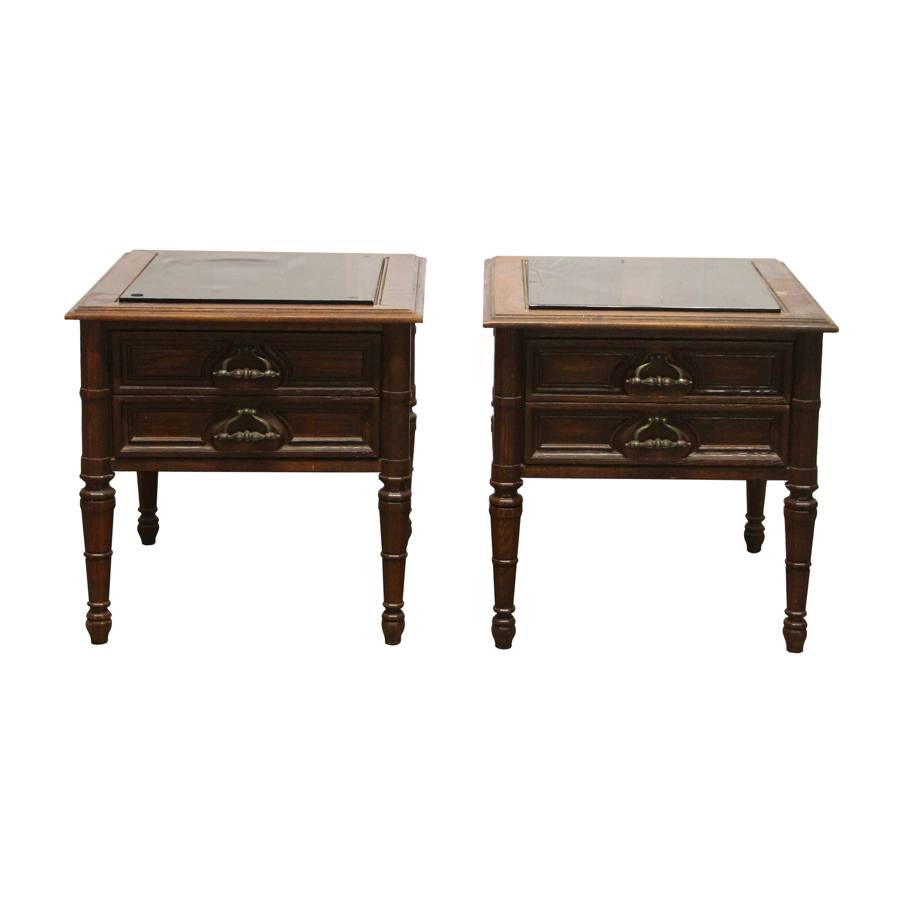 1970s Pair of Oak and Glass Dark Tone Side Tables with Drawers