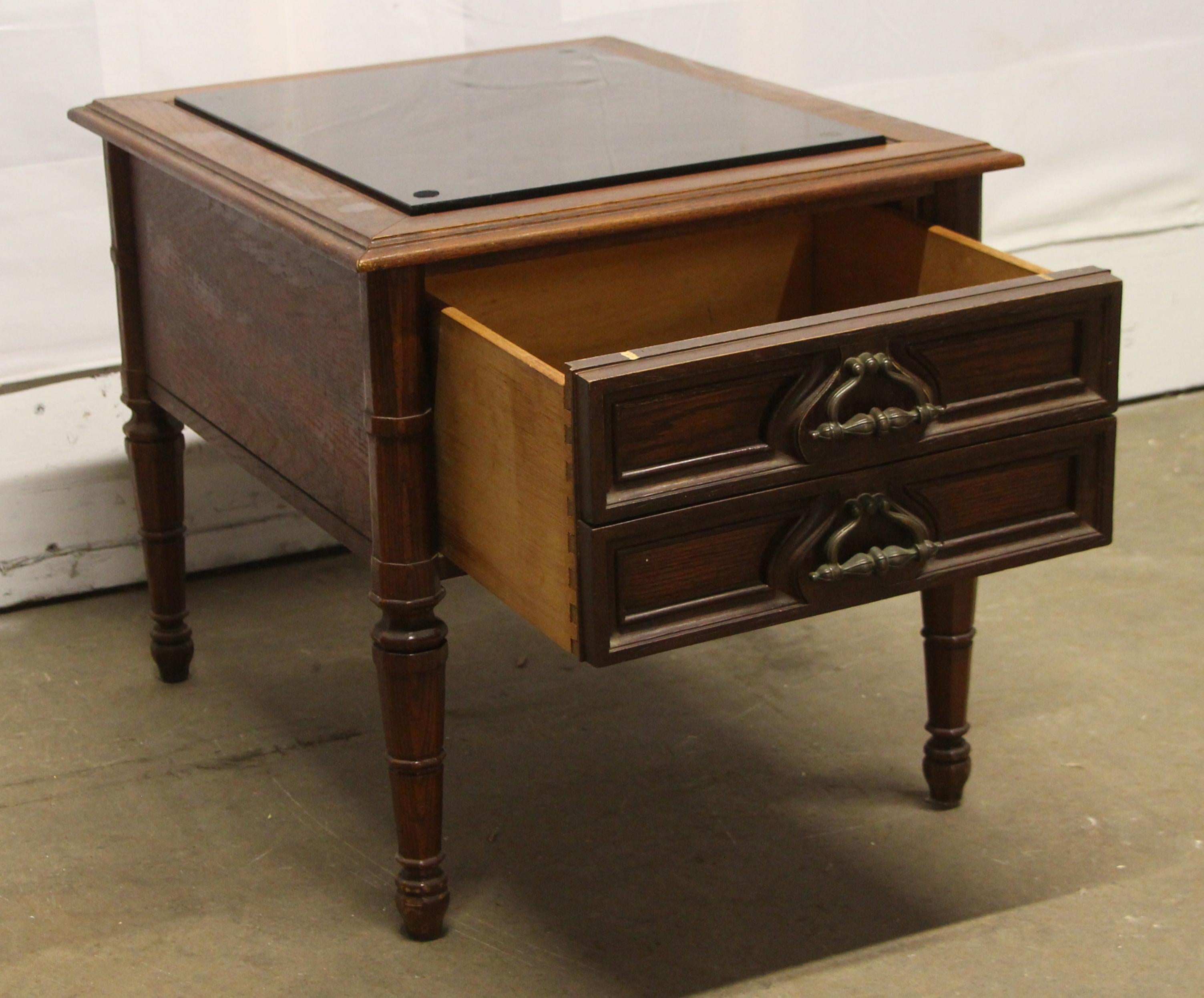 Late 20th Century 1970s Pair of Oak and Glass Dark Tone Side Tables with Drawers