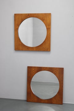 1970s Pair of Oak Large Square Mirrors, Czechoslovakia