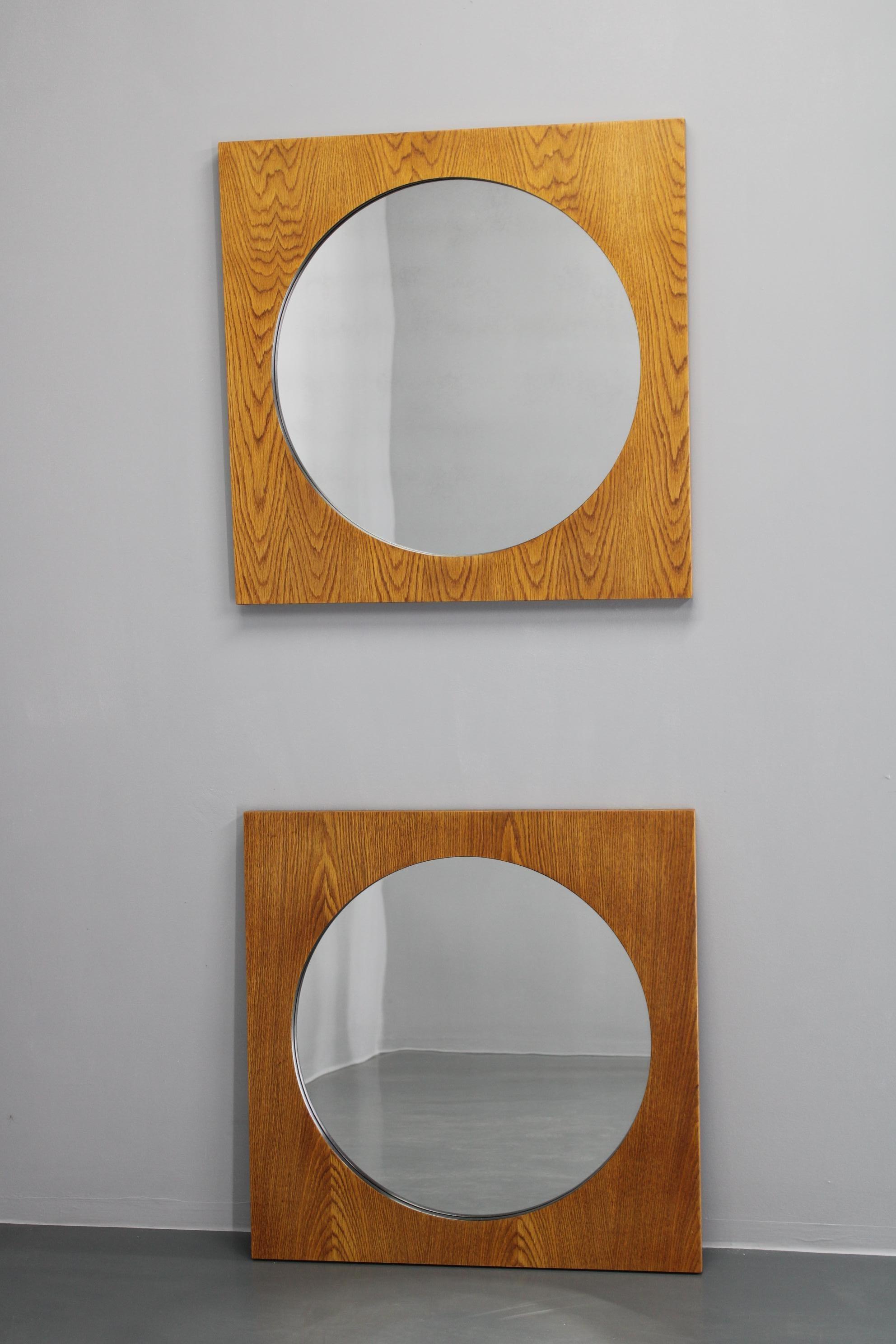 Mid-Century Modern 1970s Pair of Oak Large Square Mirrors, Czechoslovakia For Sale