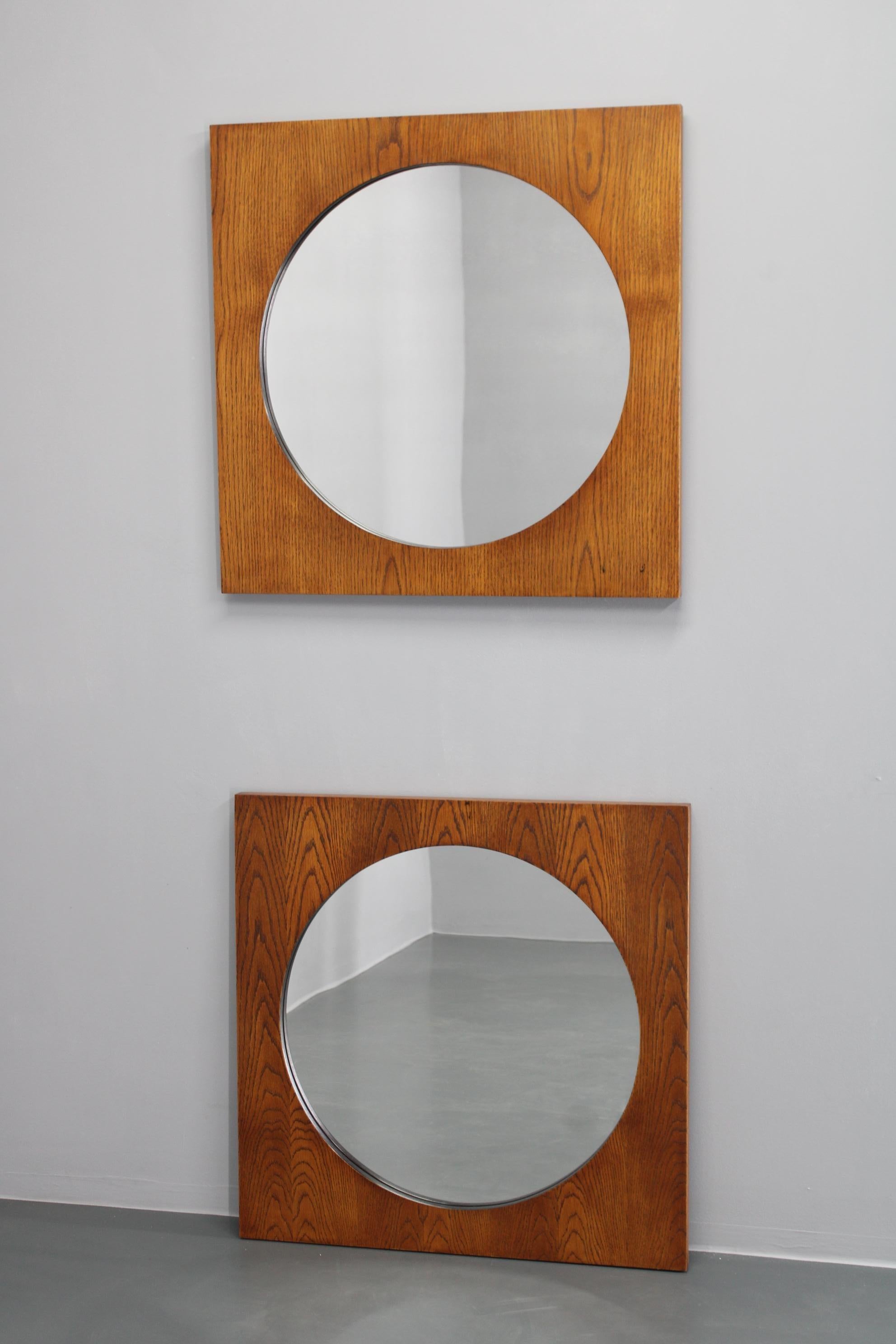 Mid-Century Modern 1970s Pair of Oak Large Square Mirrors, Czechoslovakia For Sale