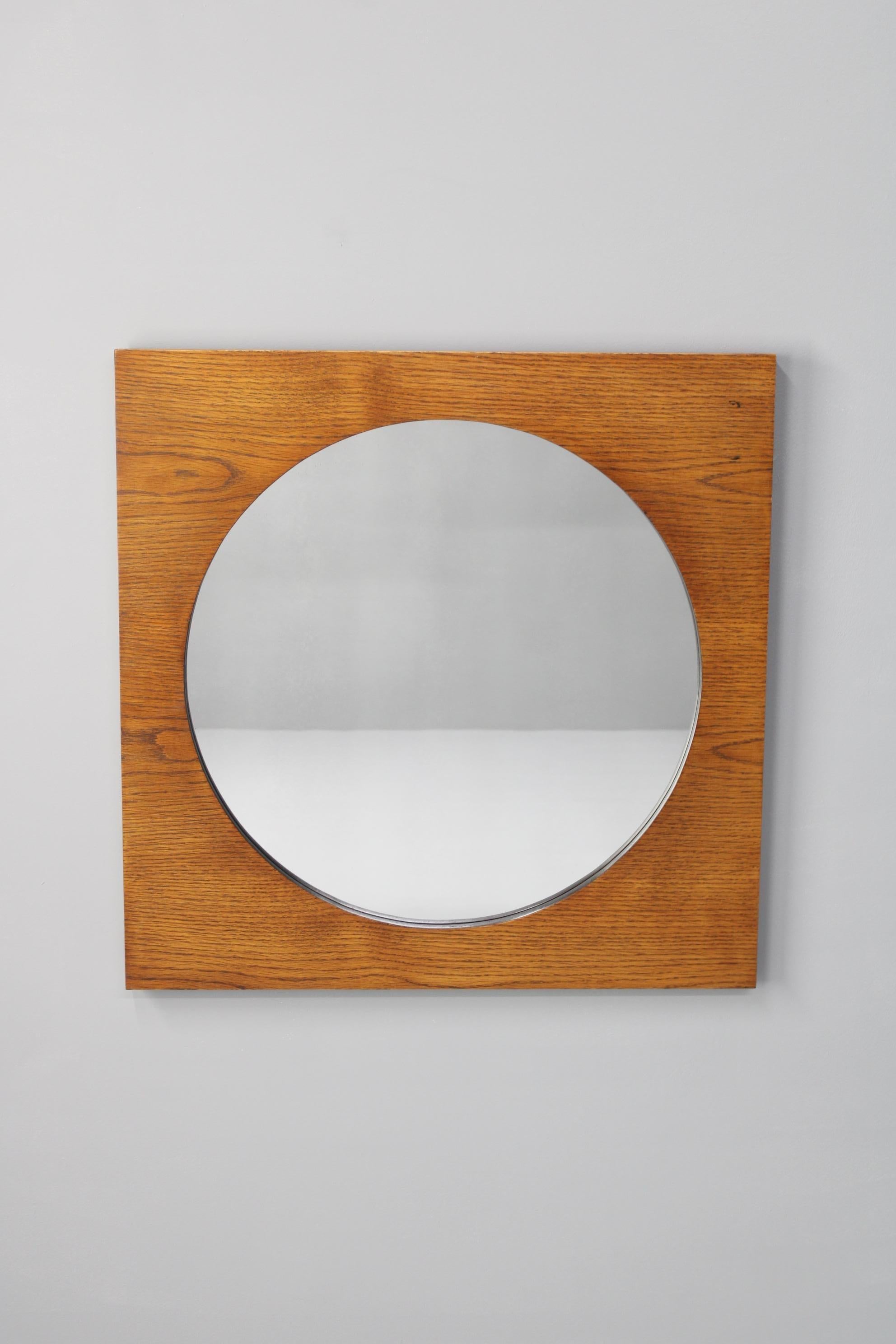 Veneer 1970s Pair of Oak Large Square Mirrors, Czechoslovakia For Sale