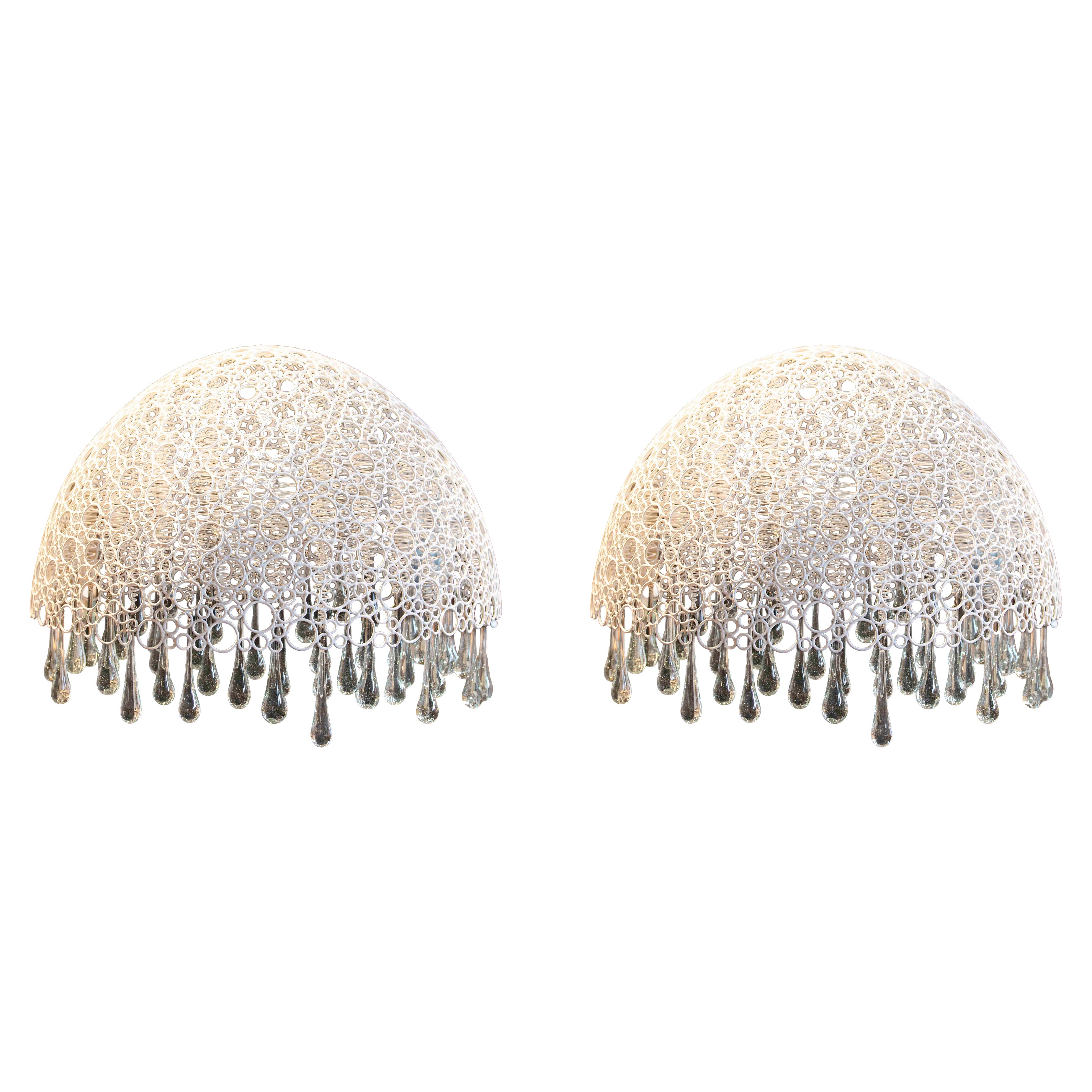 1970s Pair of Openwork Metal Wall Sconces with Blown Glass Teardrops For Sale