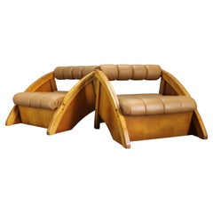 1970s Pair of Rare Oak Armchairs Upholstered in  Leatherette, Czechoslovakia