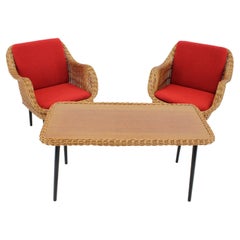 1970s Pair of Rattan Armchairs and Table with Pillows, France