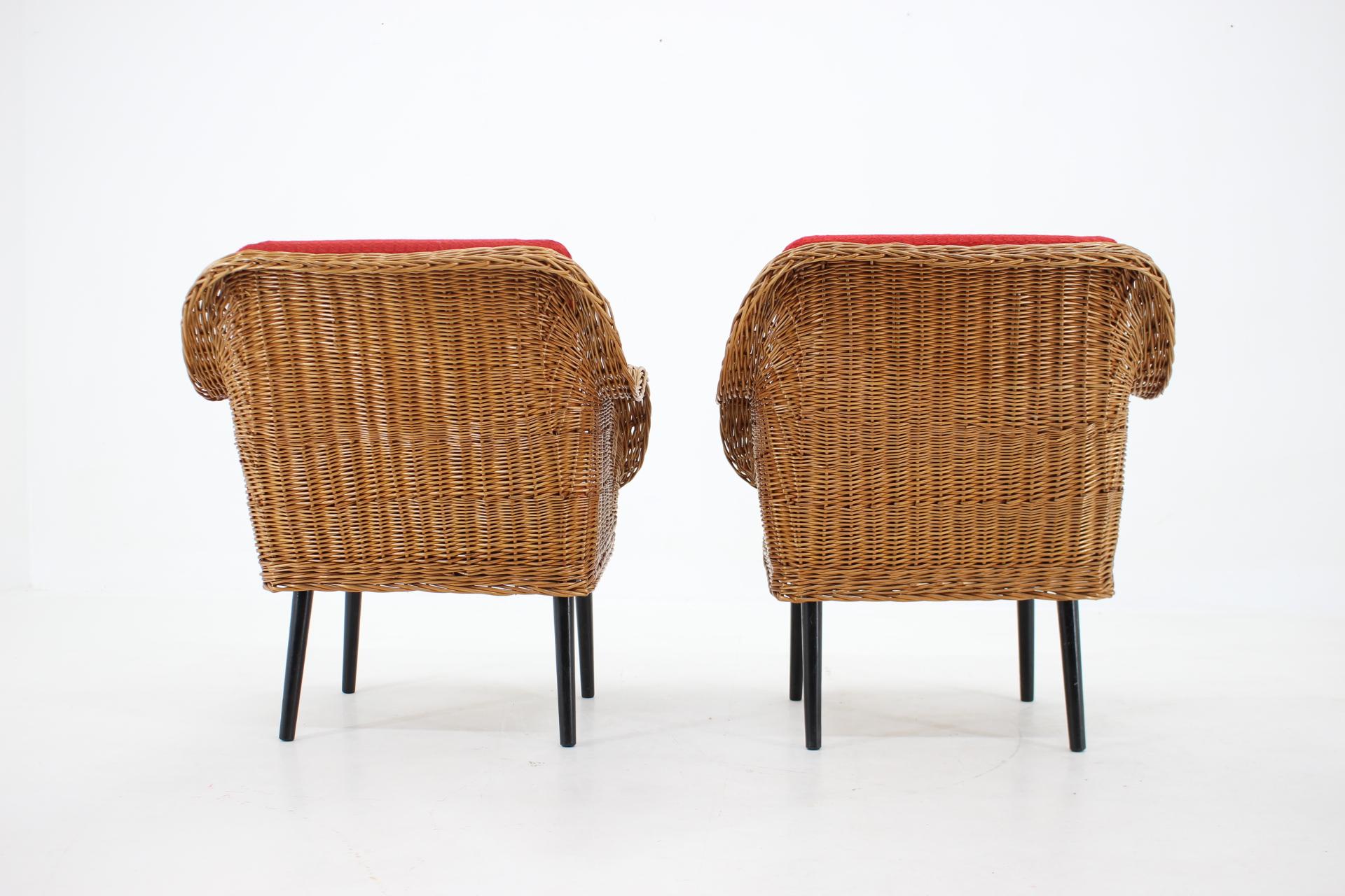 French 1970s Pair of Rattan Armchairs with Pillows, France