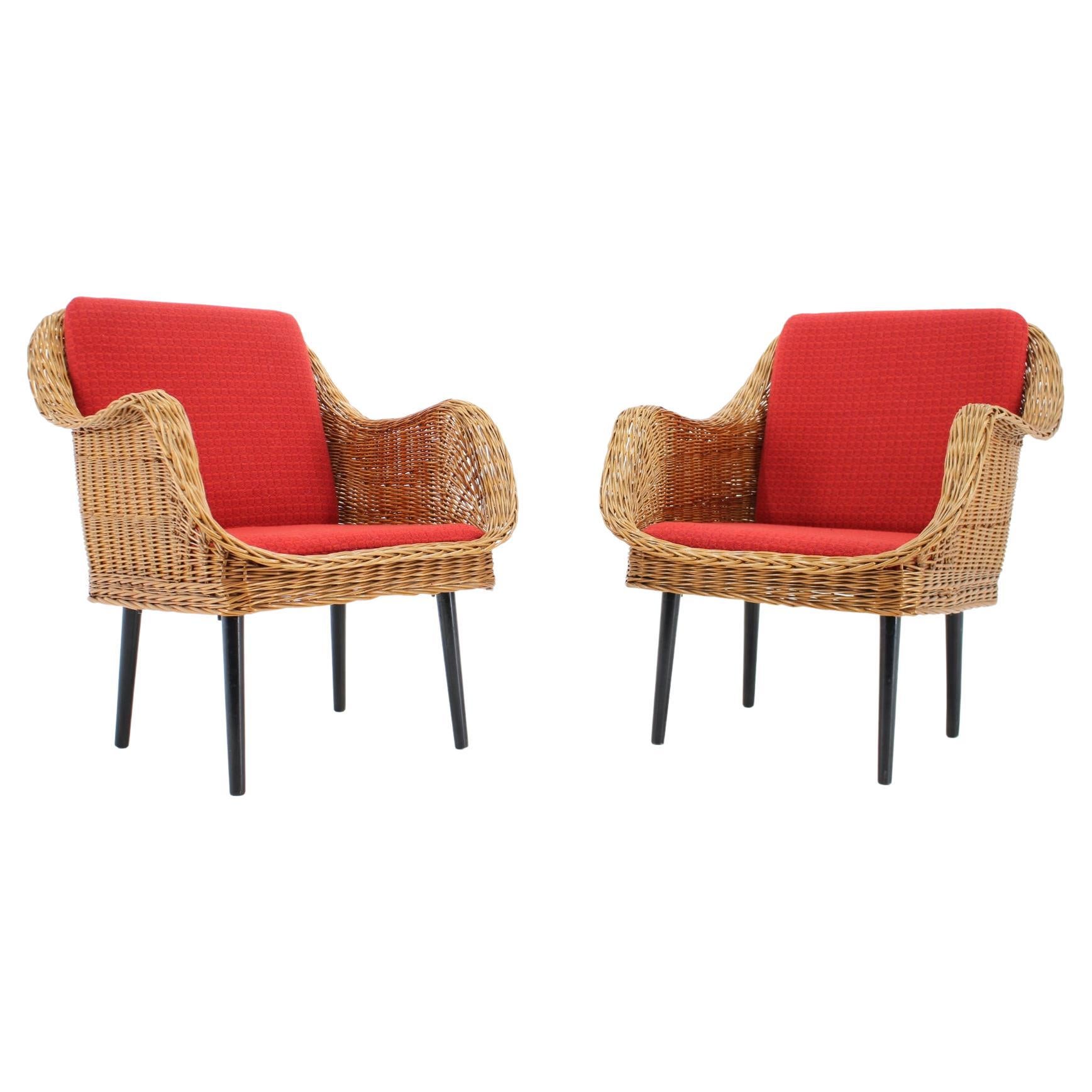 1970s Pair of Rattan Armchairs with Pillows, France