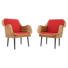 1970s Pair of Rattan Armchairs with Pillows, France