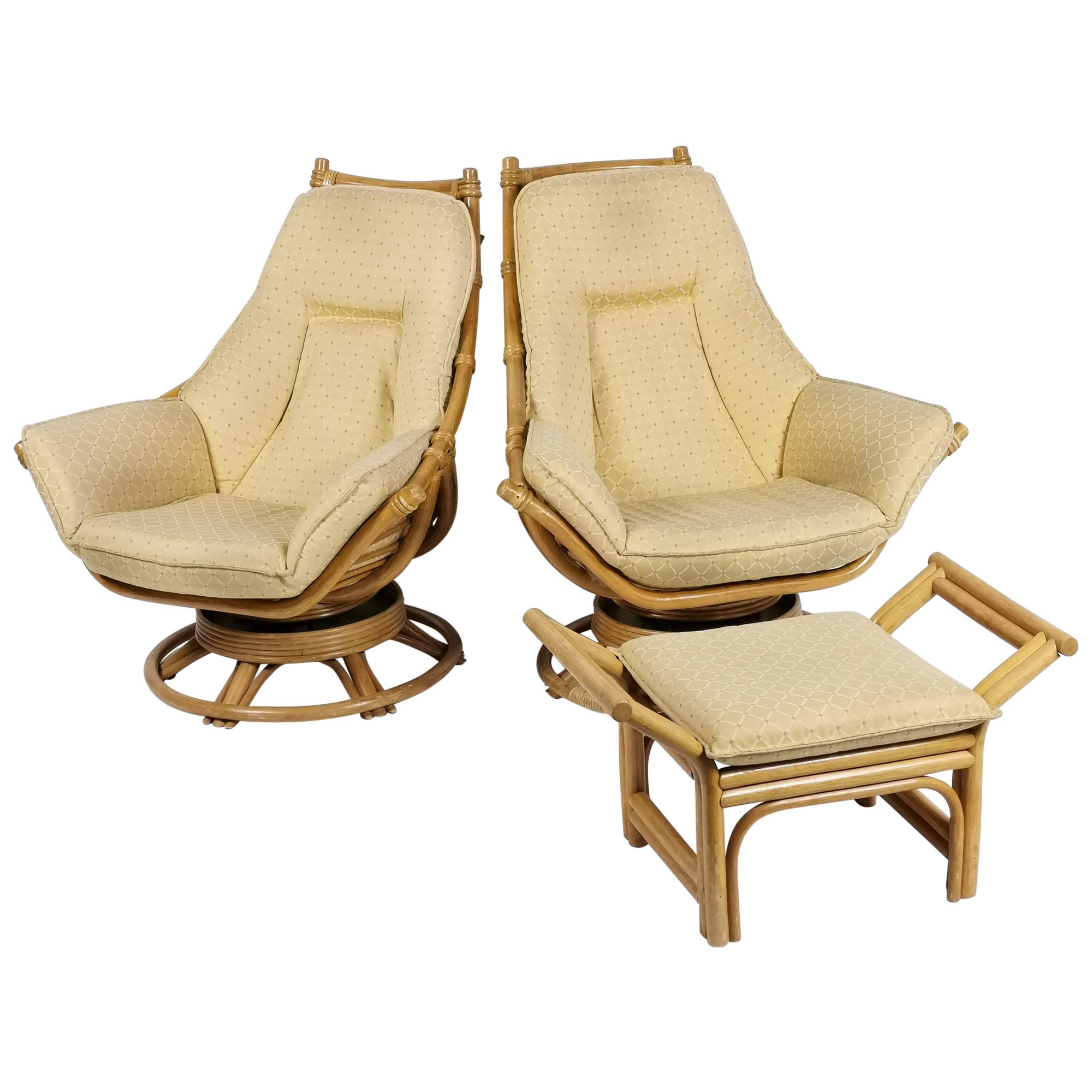 1970s Pair of Rattan Rocking and Swivel Lounge Chair with Ottoman , USA