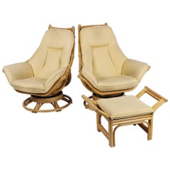 1970s Pair of Rattan Rocking and Swivel Lounge Chair with Ottoman , USA