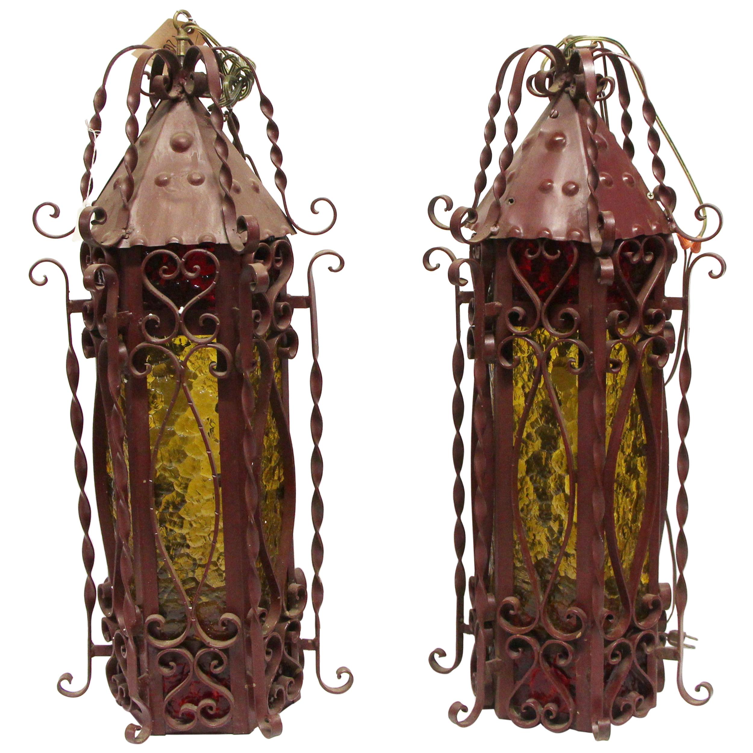 1970s Pair of Red Steel Lanterns with Amber Glass with Twist Details