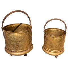 1970s Pair of Repoussé Brass Planters with Handles