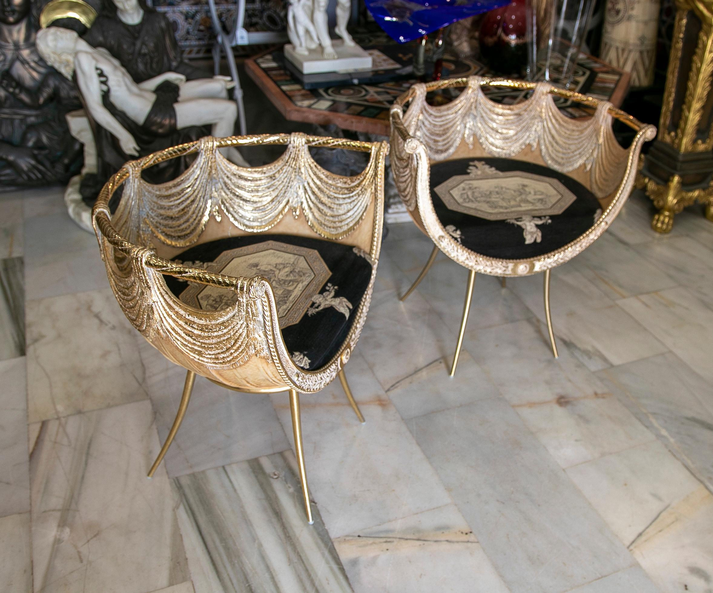 Italian 1970s Pair of Resin and Gilded Metal Curtain Shape's Armchairs