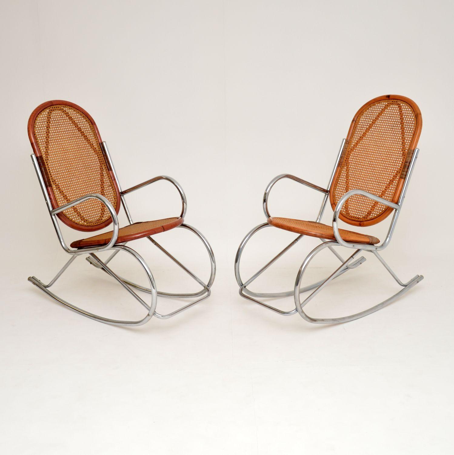 A beautiful and unusual pair of vintage retro rocking chairs, these date from the 1970s. They have tubular steel frames, with cane and bamboo seats. The condition is great for their age, with only some minor wear here and there. One of the chairs