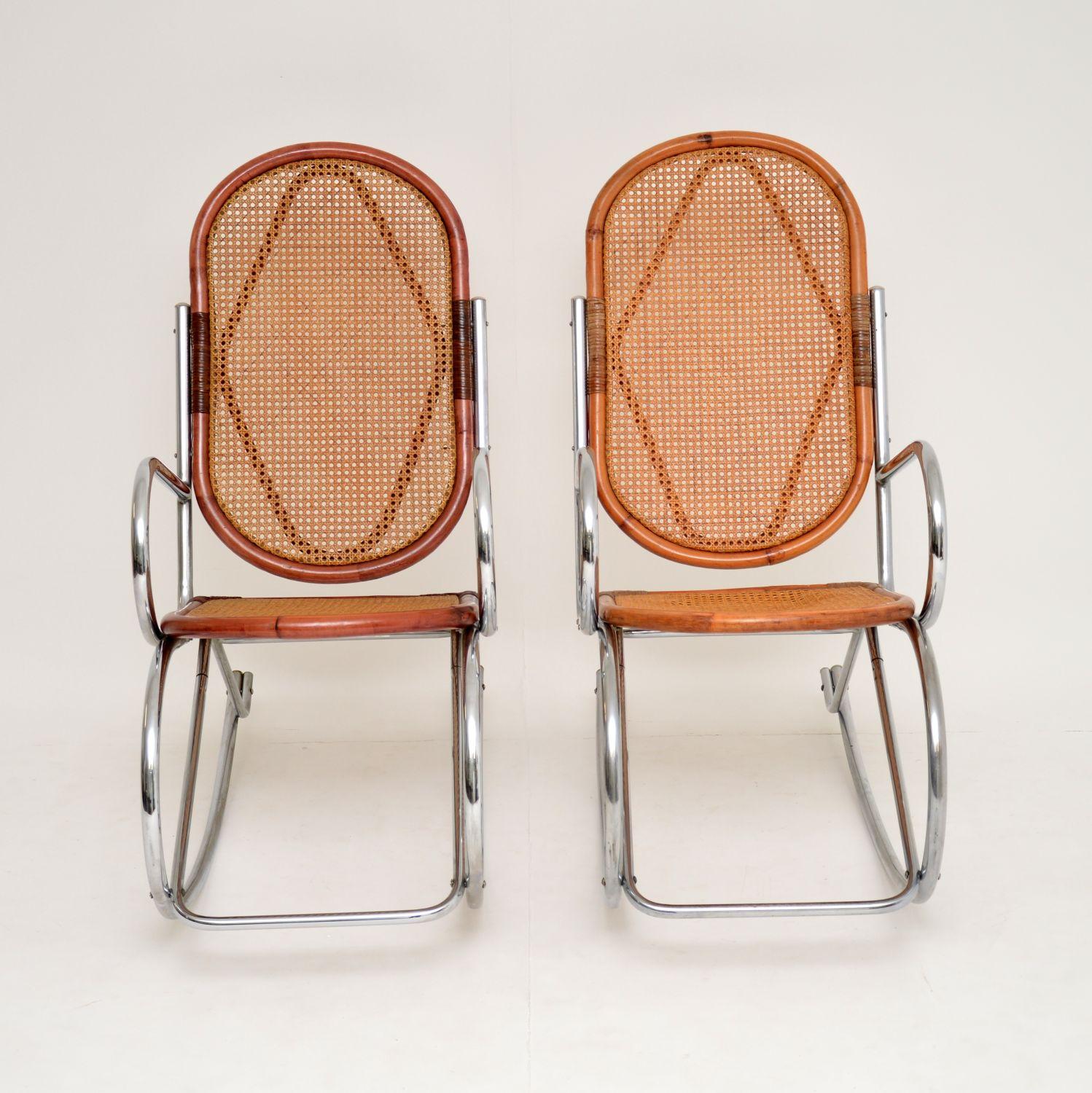 Mid-Century Modern 1970s Pair of Retro Chrome and Bamboo Rocking Chairs