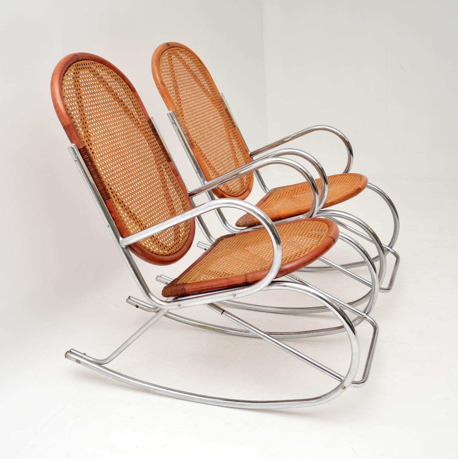 Danish 1970s Pair of Retro Chrome and Bamboo Rocking Chairs