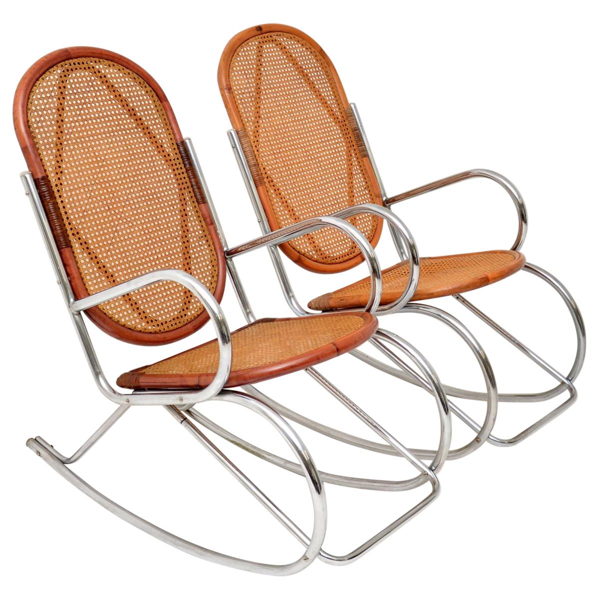 1970s Pair of Retro Chrome and Bamboo Rocking Chairs
