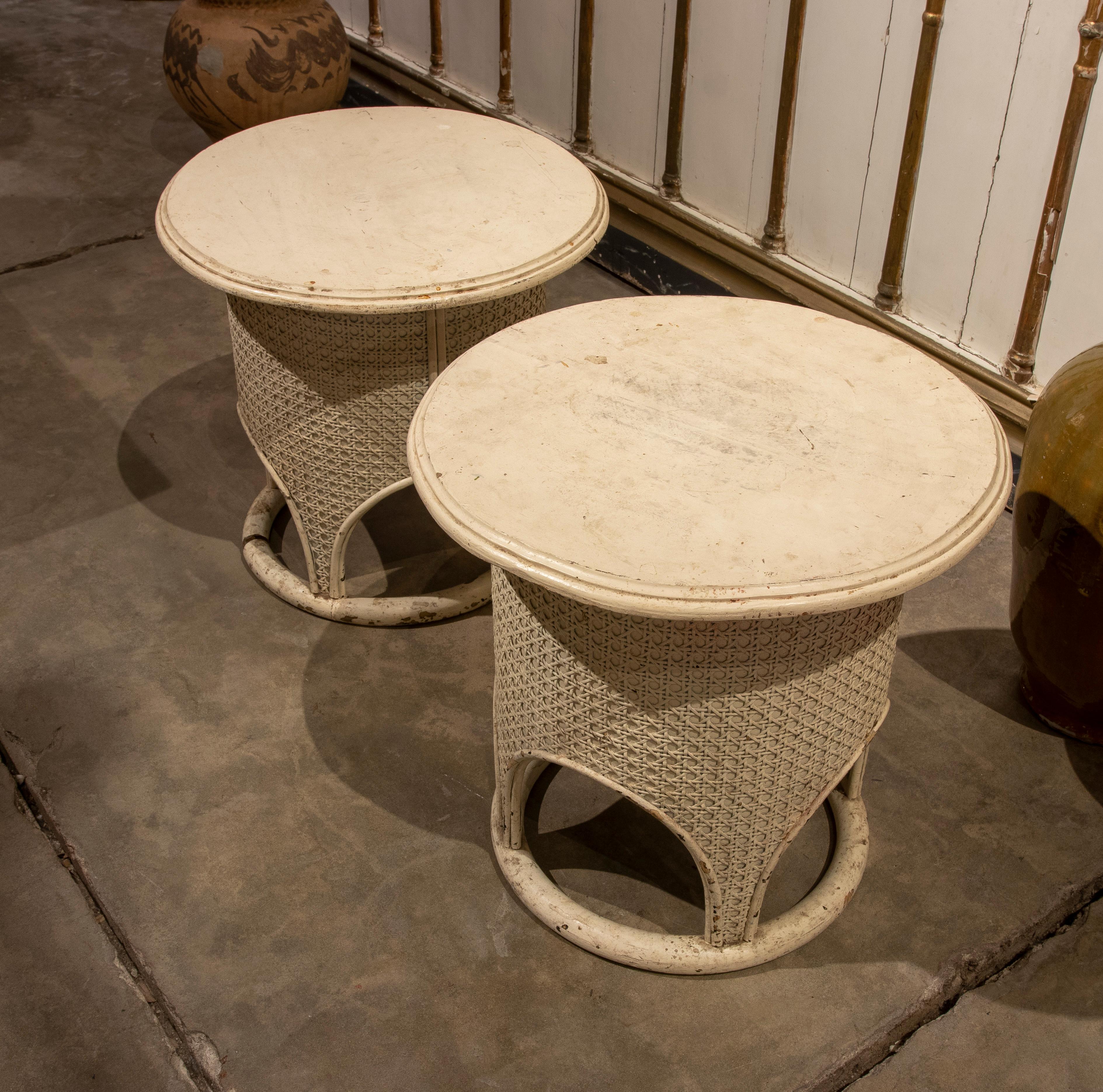 Spanish 1970s Pair of Round Wooden Side Tables with Wicker