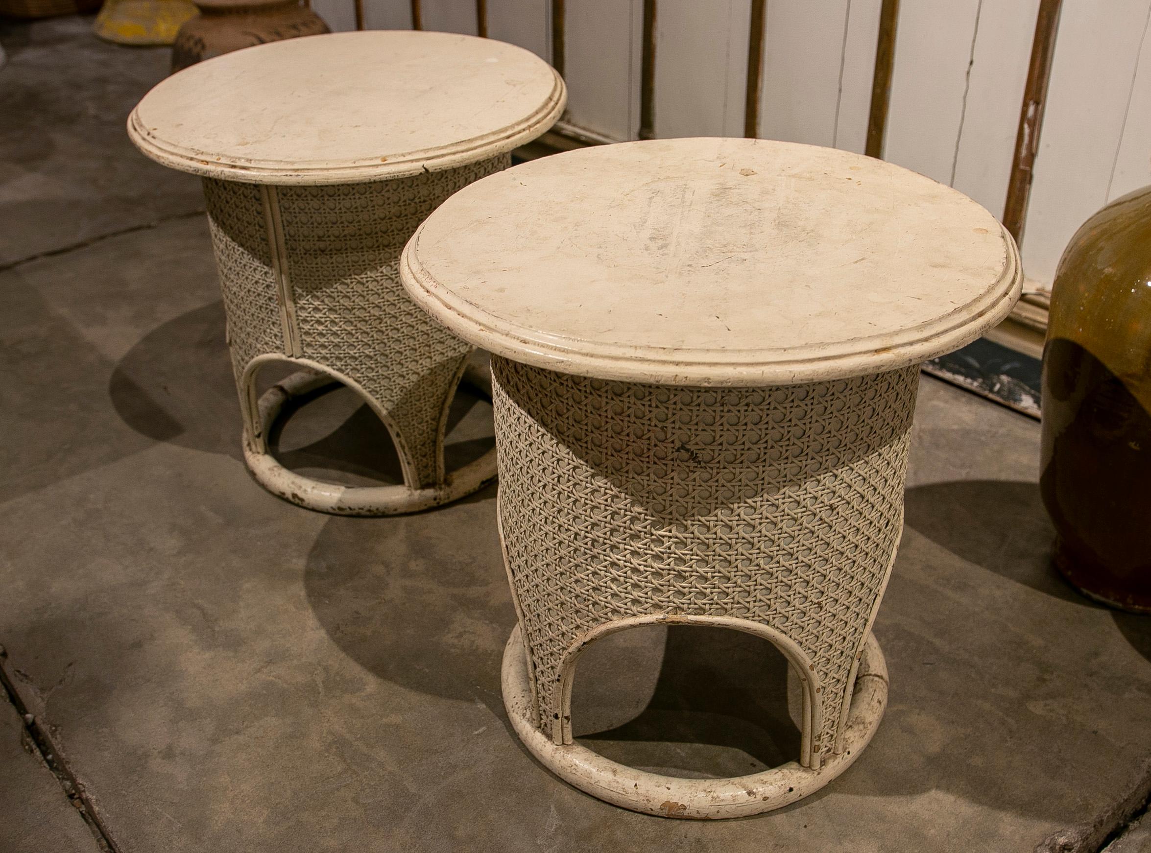 1970s Pair of Round Wooden Side Tables with Wicker 1