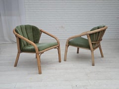 1970s, pair of Scandinavian lounge chairs, green furniture velour and rattan.