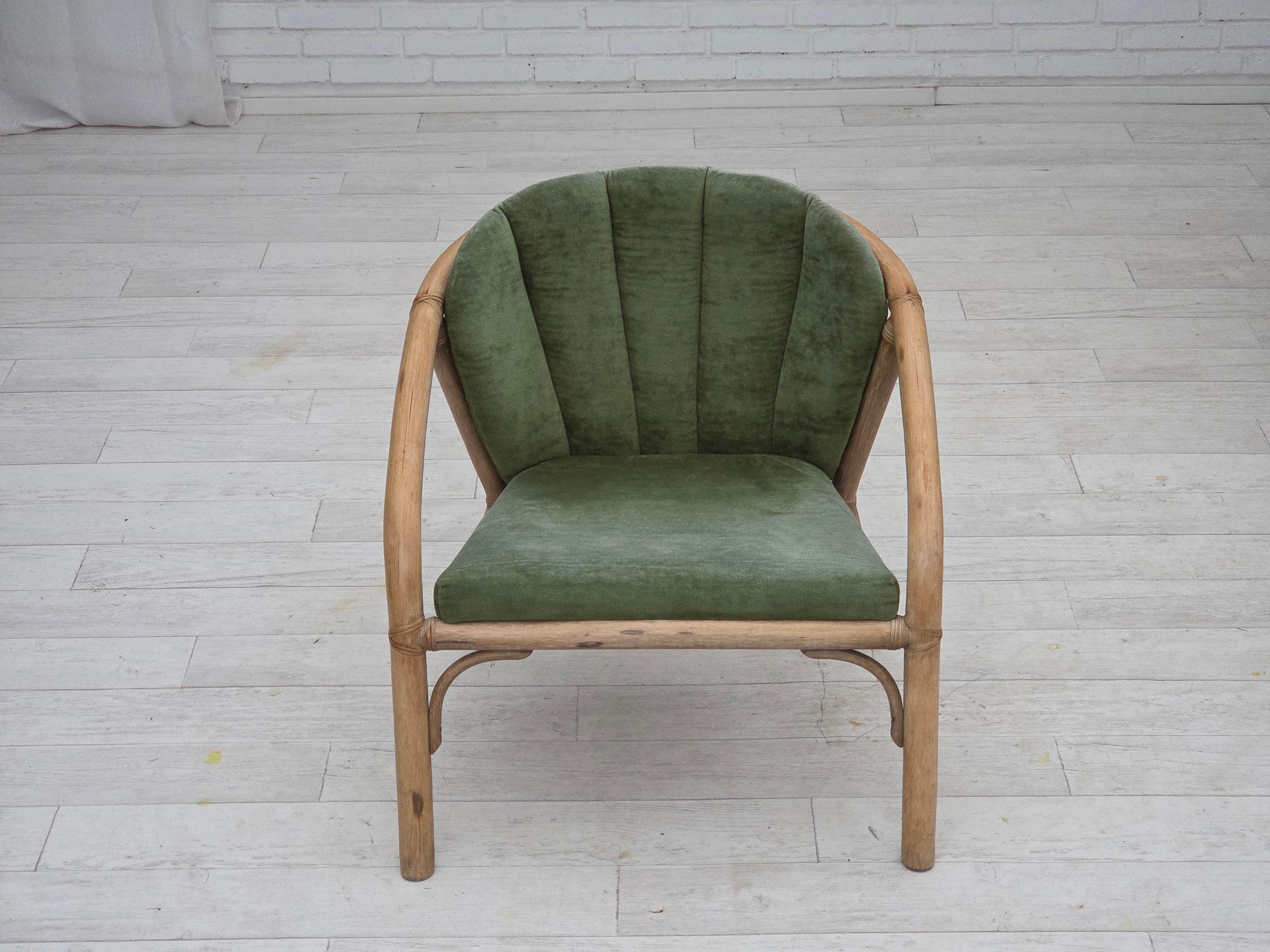 Late 20th Century 1970s, pair of Scandinavian lounge chairs, green furniture velour and rattan. For Sale
