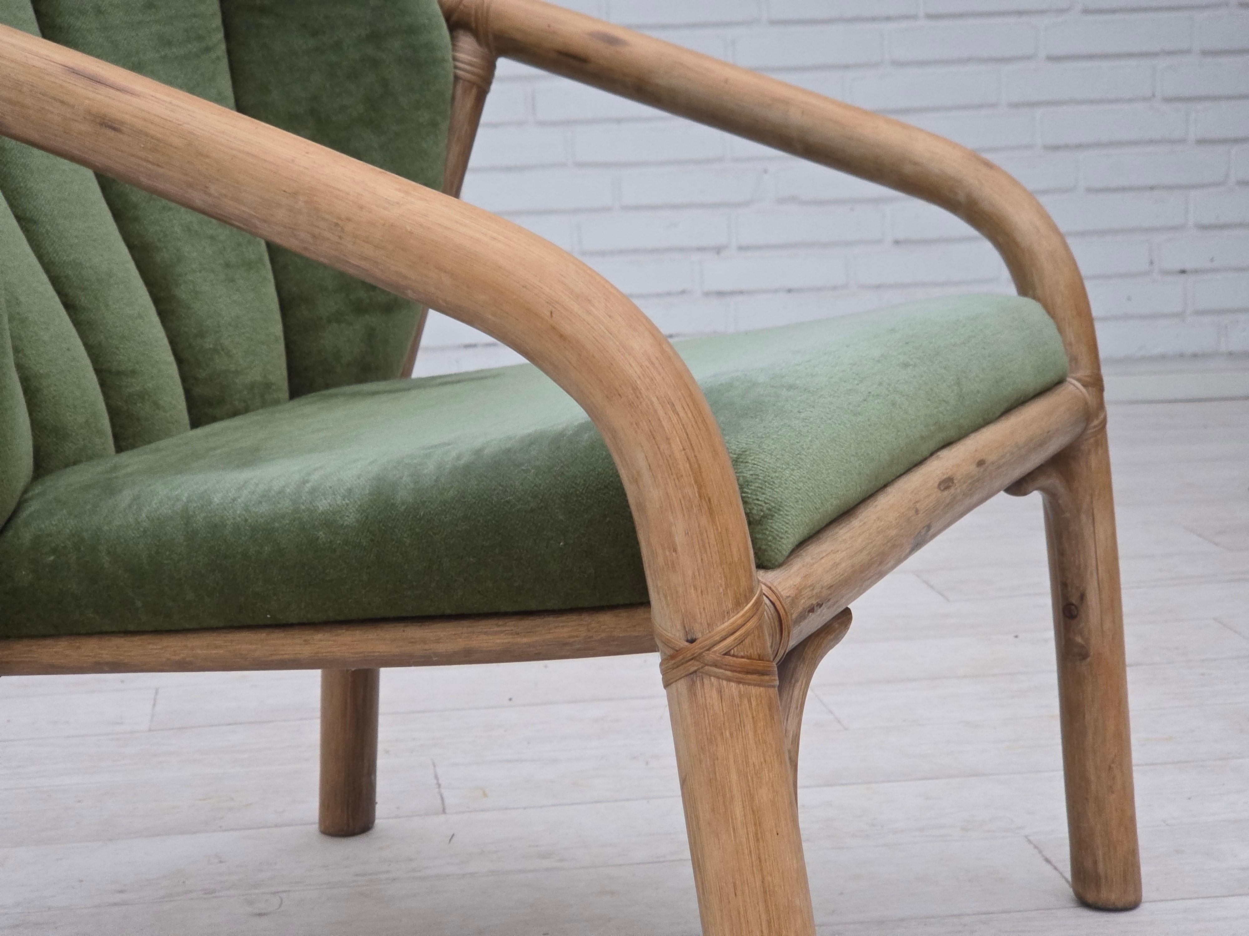Velvet 1970s, pair of Scandinavian lounge chairs, green furniture velour and rattan. For Sale