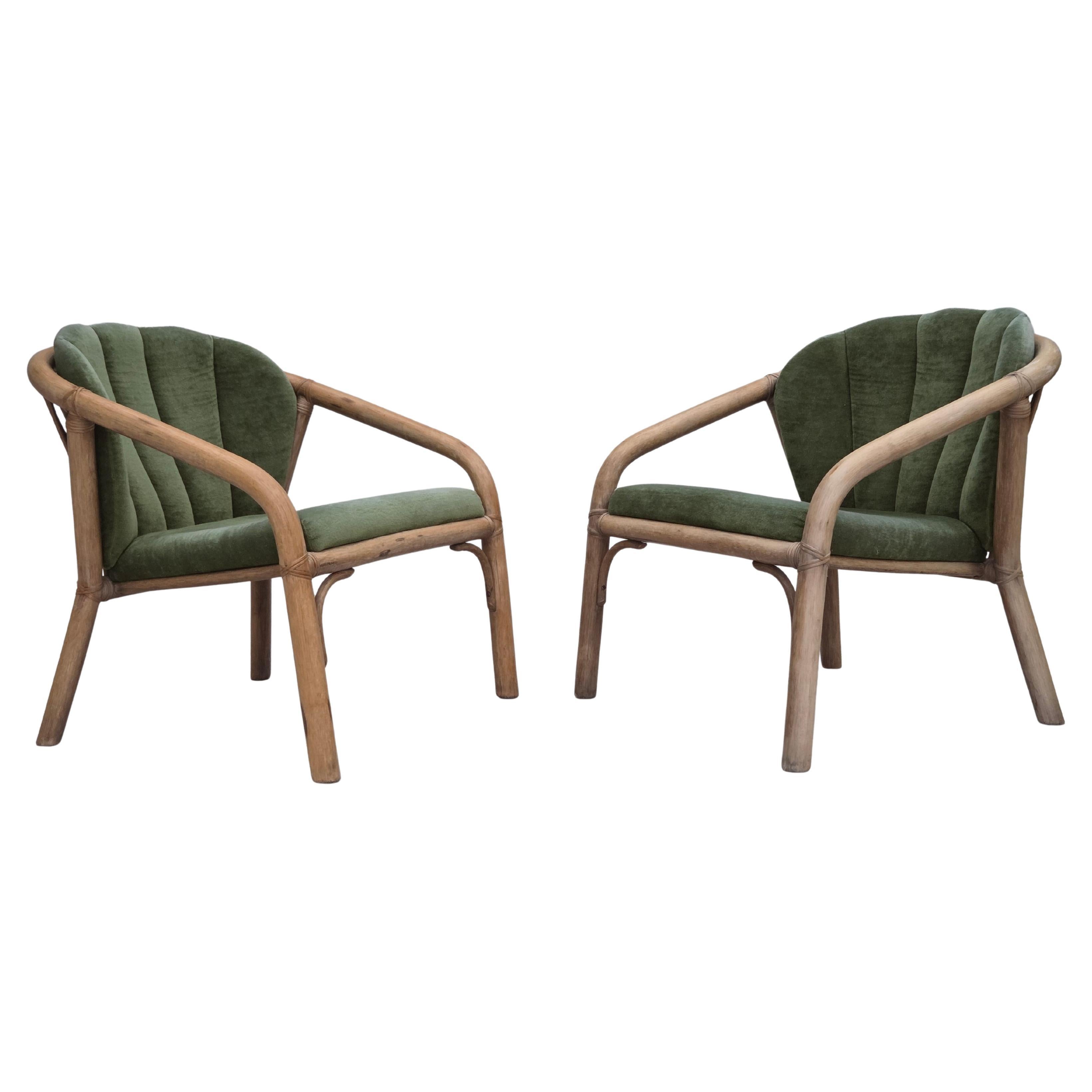 Anni
70, coppia di sedie da salotto scandinave, mobili verdi in velluto e rattan.