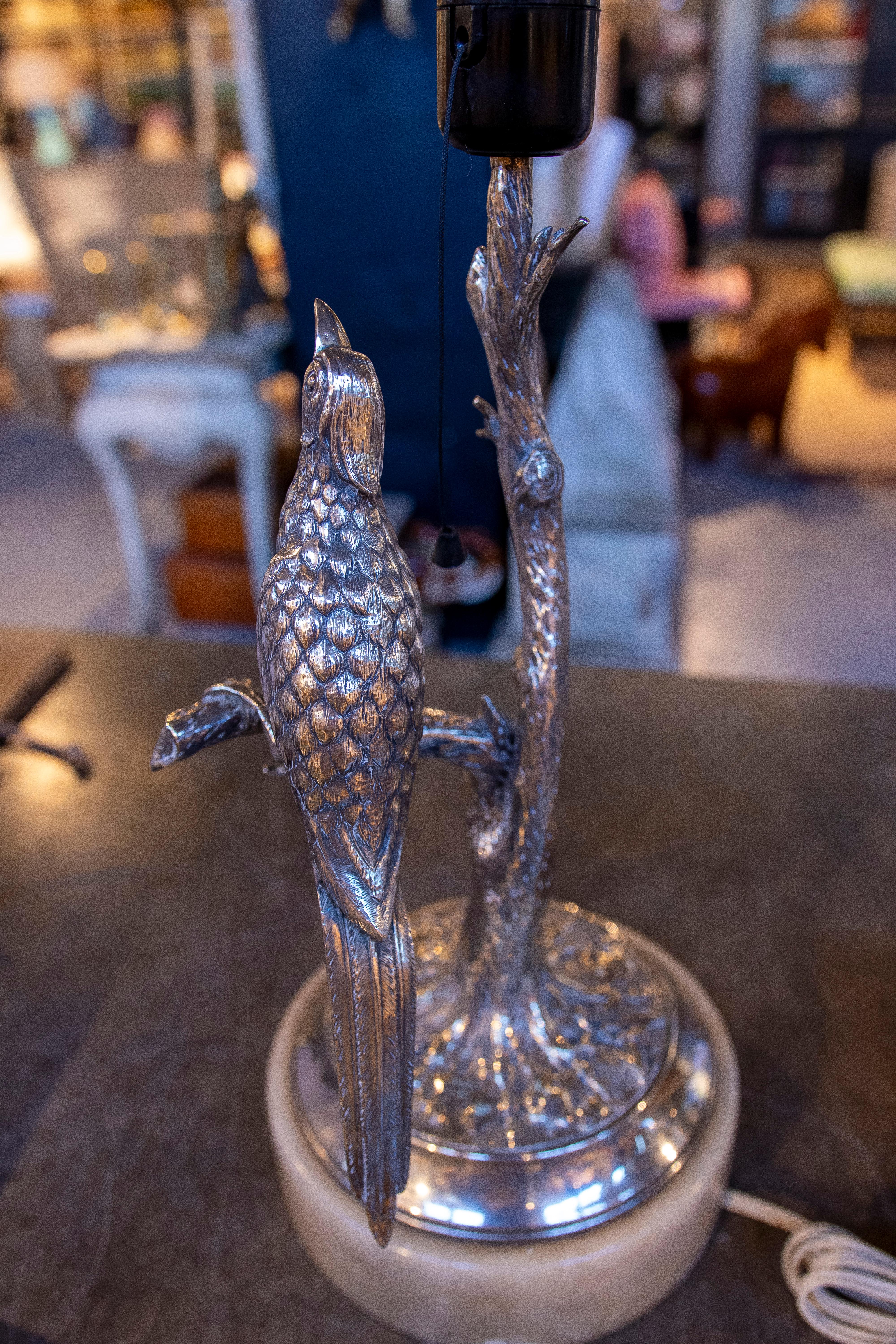 20th Century 1970s Pair of Silver Lamps with Embossed Birds. Silver weight: 1.5 kg.